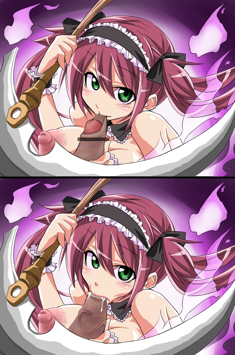 :>= airi bite biting biting_foreskin breasts censored fellatio female femdom fire foreskin foreskin_bite green_eyes highres kobayashi_tetsuya large_breasts maid maid_headdress male nipples oral paizuri penis pov queen's_blade red_hair rule34 scythe seiki_kyushu smile straight sucking tied_hair twintails uncircumcised weapon