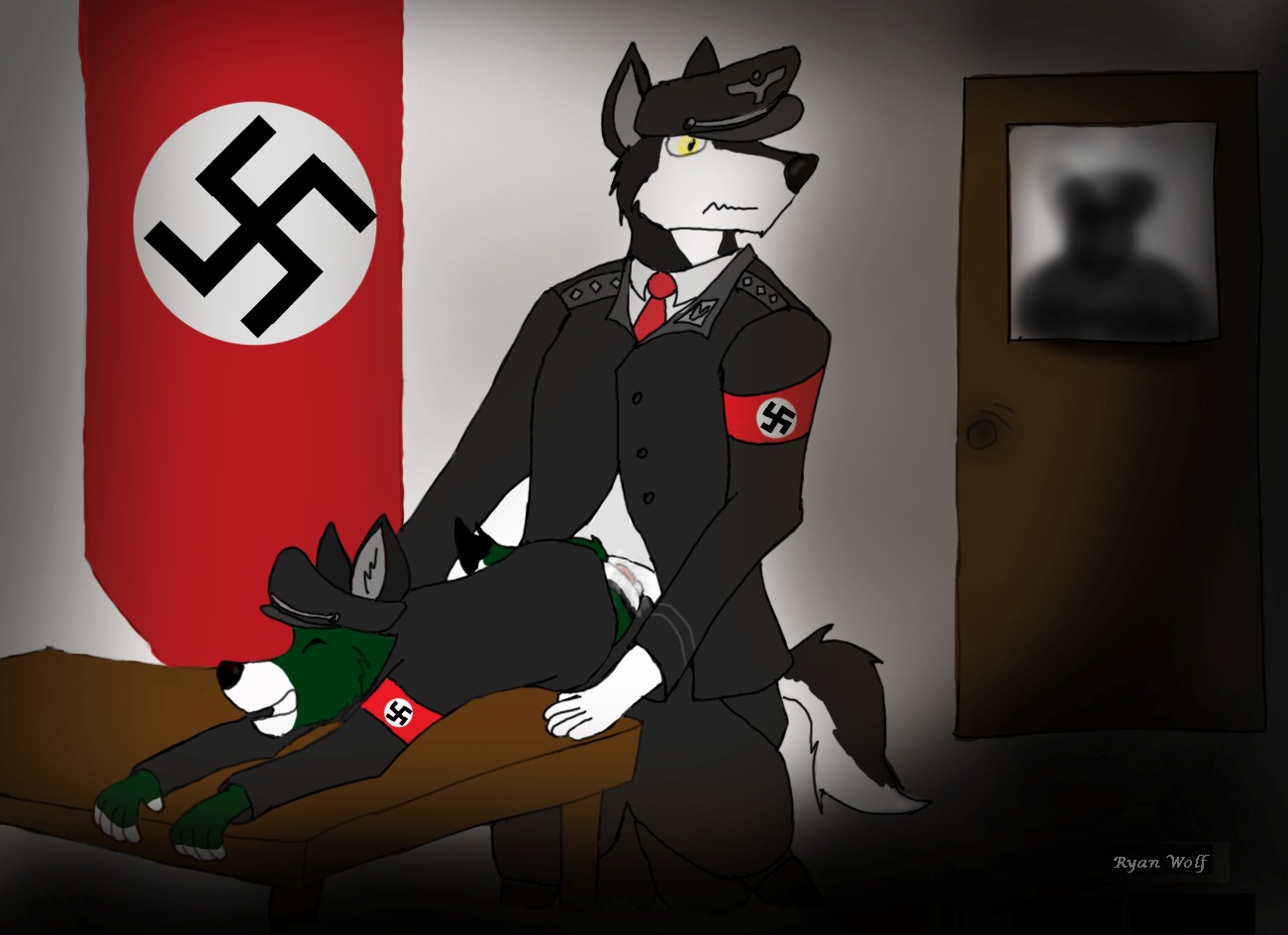 anal anal_sex anthro canine fur furry furry_only gay green male nazi penetration rule34 ryanw uniform wolf