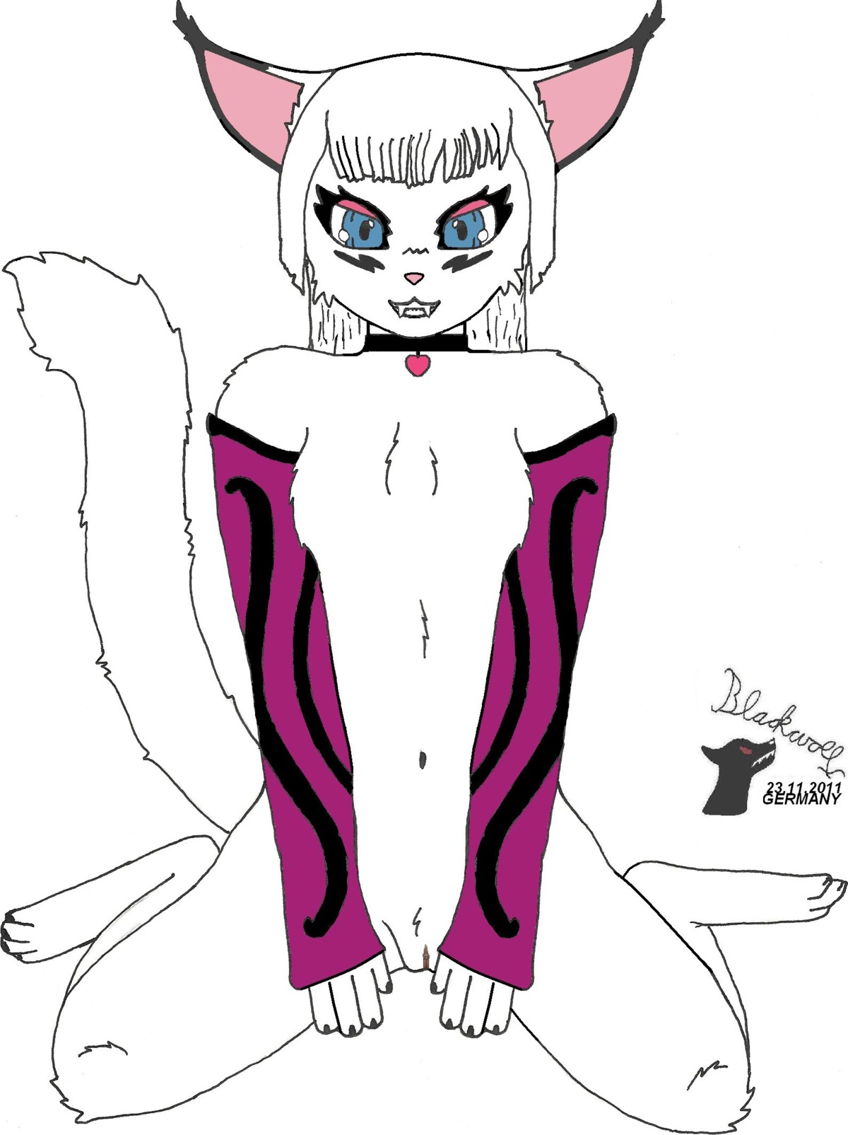2011 anthro blackwolf blue_eyes chest_tuft claws collar domestic_cat e621 fangs felid feline felis female fur genitals hair heart_symbol hi_res looking_at_viewer mammal markings sleeves smile solo spread_legs spreading tail teeth tuft vulva white_hair