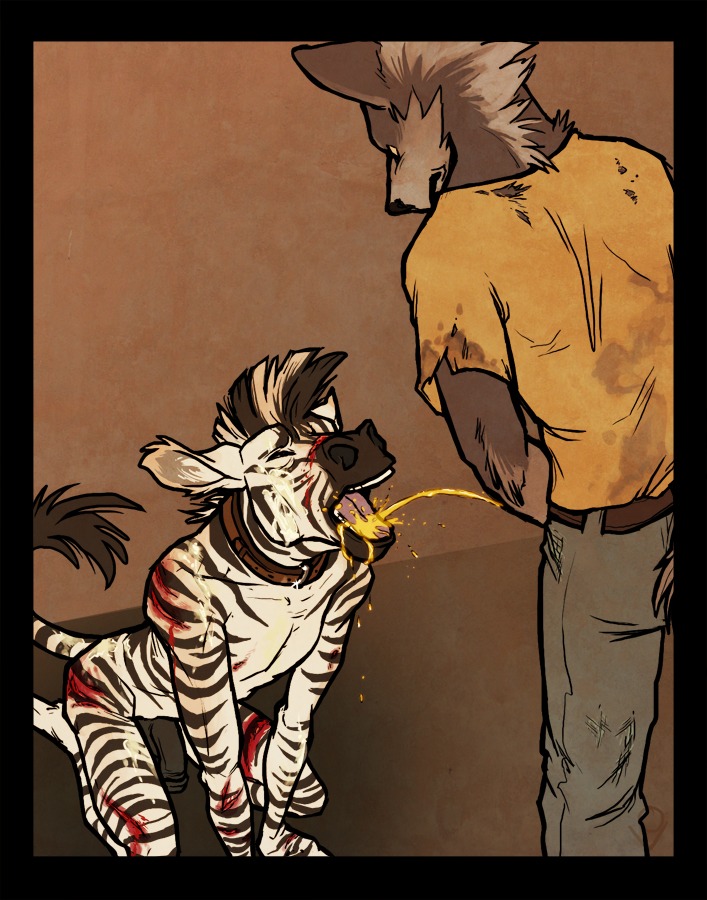airu anthro balls black_balls black_penis blood bodily_fluids canid canine canis collar cum cum_on_face duo e621 equid equine flaccid genital_fluids genitals gore humiliation huru kneeling male male/male mammal nude open_mouth peeing peeing_inside penis simple_background stripes urine urine_in_mouth urine_stream watersports wolf wounded zebra