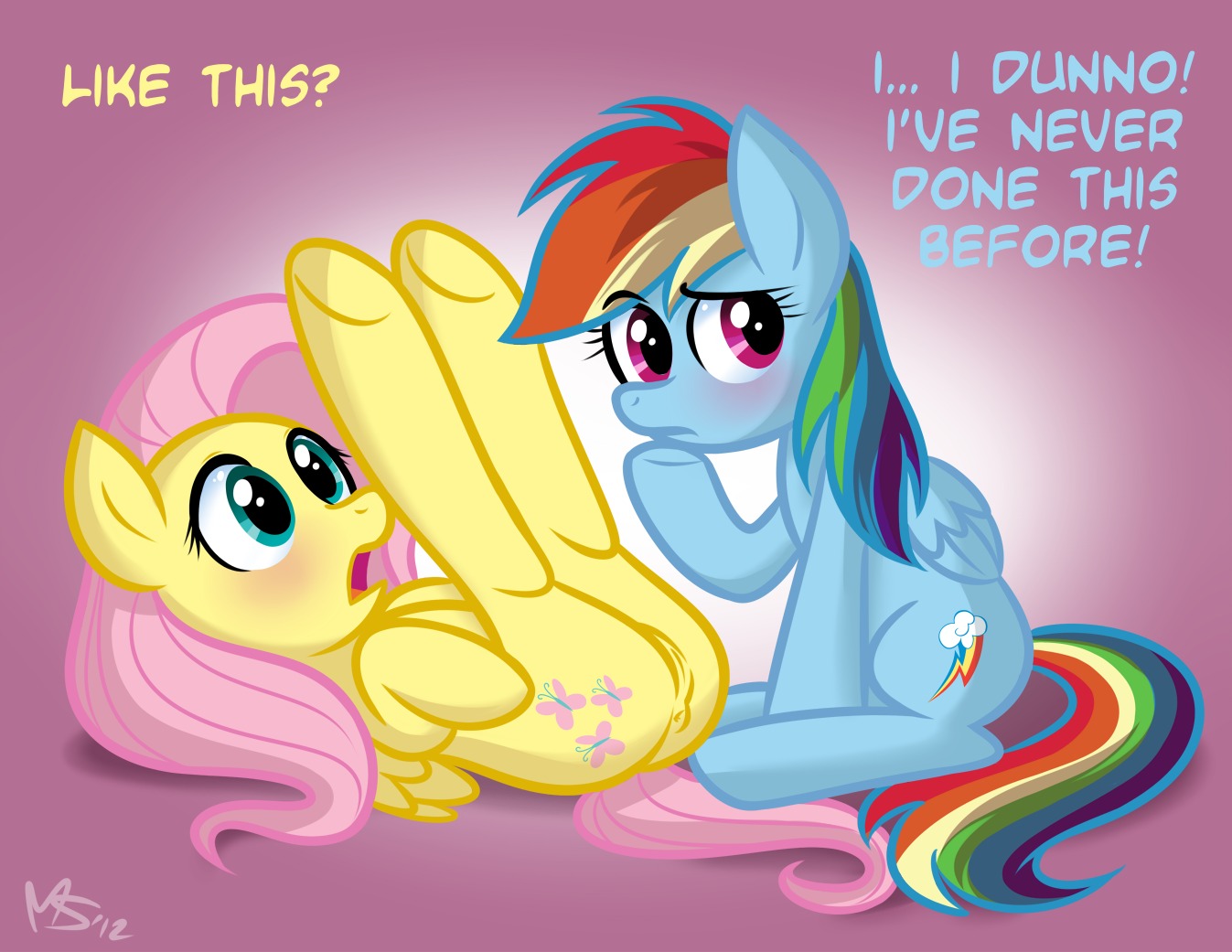 2012 anus blue_body blue_feathers blue_fur blush butt cutie_mark dialogue digital_media_(artwork) duo e621 english_text equid equine feathered_wings feathers female female/female feral fluttershy_(mlp) friendship_is_magic fur genitals hair hasbro long_hair mammal megasweet multicolored_hair multicolored_tail my_little_pony mythological_creature mythological_equine mythology open_mouth pegasus pink_background pink_hair purple_eyes rainbow_dash_(mlp) rainbow_hair rainbow_tail sex simple_background tail teal_eyes text vulva wings yellow_body yellow_feathers yellow_fur