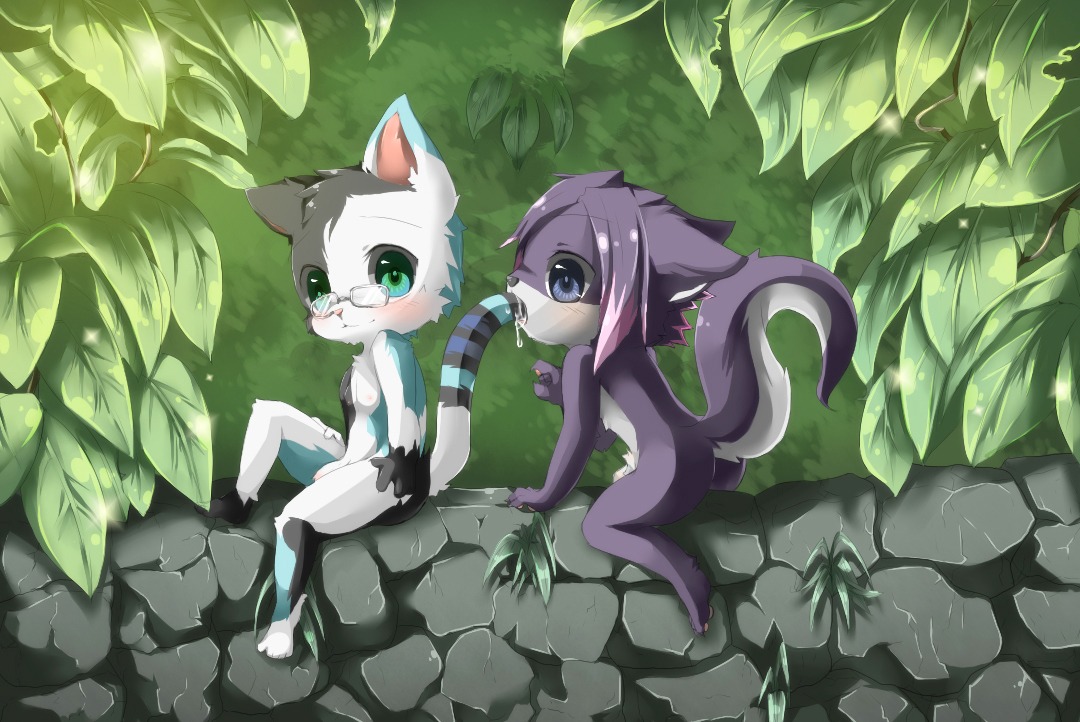 2010 animal_genitalia anthro blush bodily_fluids canid canine canis chibi domestic_cat duo e621 eyewear felid feline felis flaccid foreskin genitals glasses kioa looking_at_viewer male male/male mammal nipples nude outside penis raised_tail saliva sheath skylar_wing sucking tail unretracted_foreskin wolf young young_anthro zander_oro