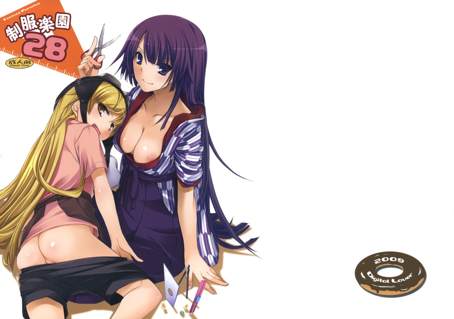 ass bakemonogatari bashamichi blonde_hair breasts cleavage down_blouse female female_only hakama highres japanese_clothes kimono long_hair monogatari_(series) multiple_females multiple_girls nakajima_yuka nipple_slip nipples open_mouth oshino_shinobu purple_hair pussy rule34 scissors senjougahara_hitagi shorts uncensored yagasuri
