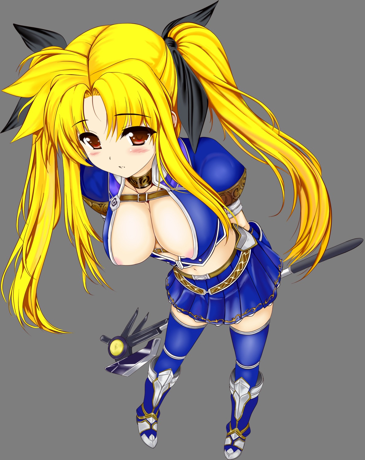 asuru azul_(armor) bardiche blonde_hair blush breasts capcom cape center_opening cleavage colored cosplay down_blouse fate_testarossa female highres long_hair lyrical_nanoha mahou_shoujo_lyrical_nanoha mahou_shoujo_lyrical_nanoha_strikers midriff monster_hunter monster_hunter_frontier navel nipple_slip nipples no_bra red_eyes ribbon rule34 thighhighs tied_hair twintails uni8 very_long_hair