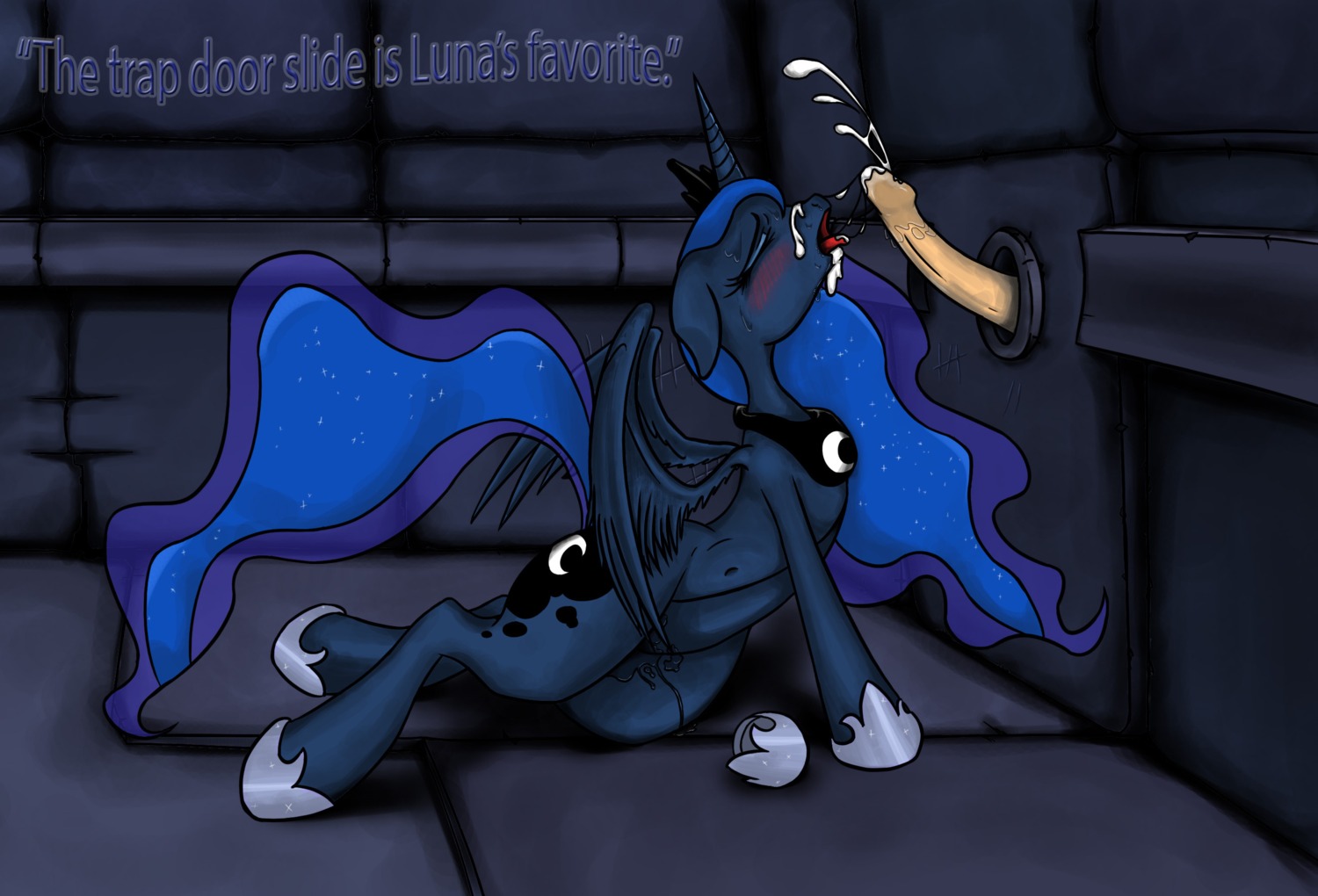 almar blue_body blue_feathers blush bodily_fluids cum cum_on_face cumshot disembodied_penis duo e621 ejaculation equid equine erection eyes_closed feathered_wings feathers female feral friendship_is_magic genital_fluids genitals glory_hole hair hasbro hi_res horn horseshoe long_hair male male/female mammal my_little_pony mythological_creature mythological_equine mythology oral orgasm penis princess_luna_(mlp) sex vaginal_fluids wet winged_unicorn wings