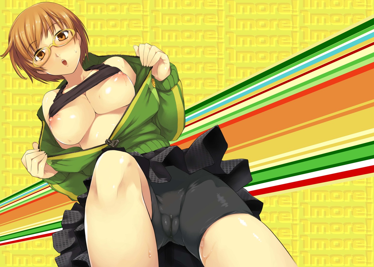 1girls atlus bike_shorts bob_cut breasts brown_eyes brown_hair cameltoe female female_focus female_only glasses highres large_breasts megami_tensei nipples open_clothes ouma_tokiichi persona persona_4 pussy rule34 satonaka_chie sega shirt_lift short_hair tomboy yellow-framed_glasses