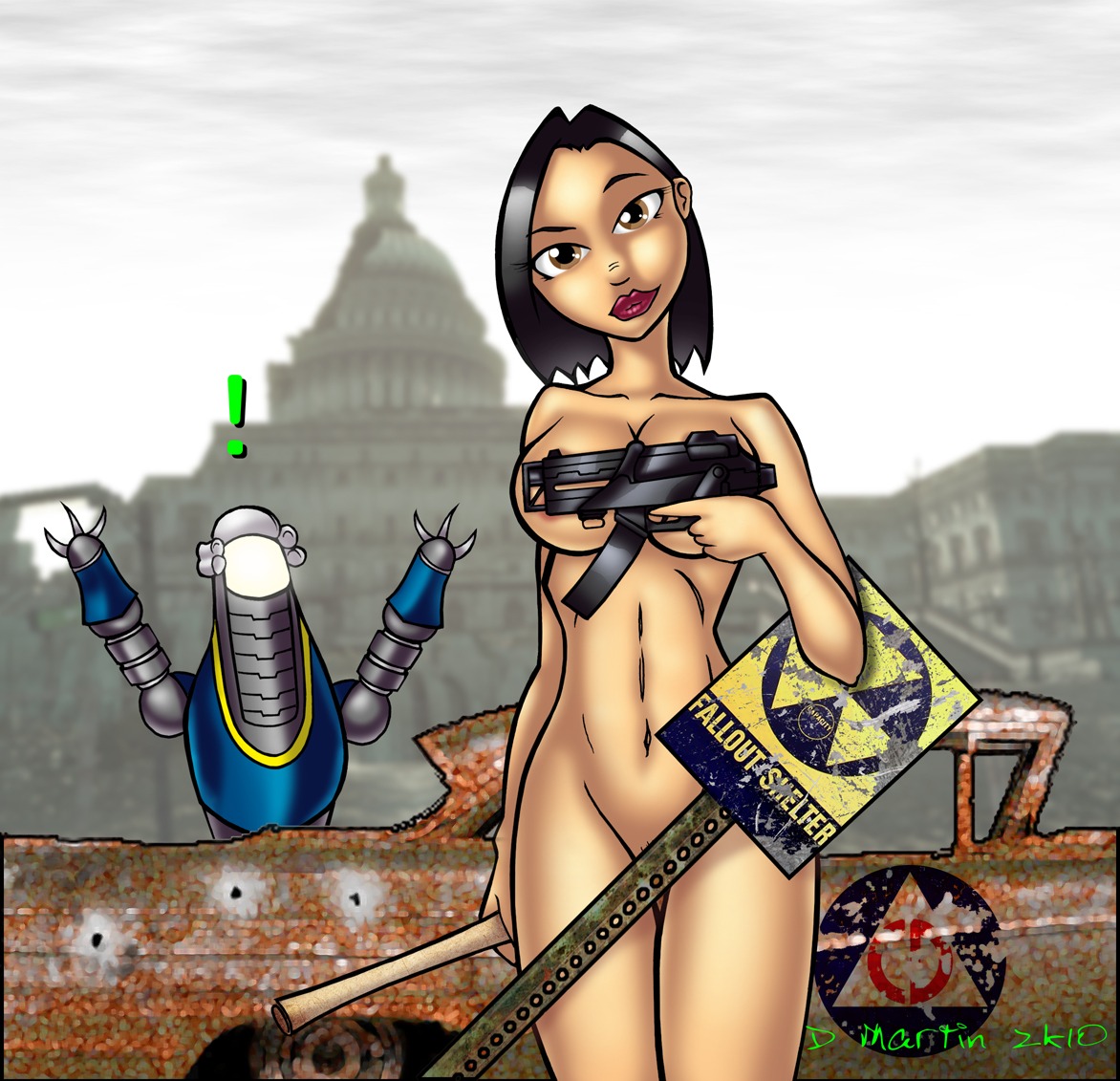 10mm_submachine black_hair breasts button_gwinett convenient_censoring david_martin fallout fallout_3 female gun human human_female looking_at_viewer navel no_source nude nude_female penguin-commando protectron robot ruins rule34 standing submachine_gun sydney_(fallout) weapon