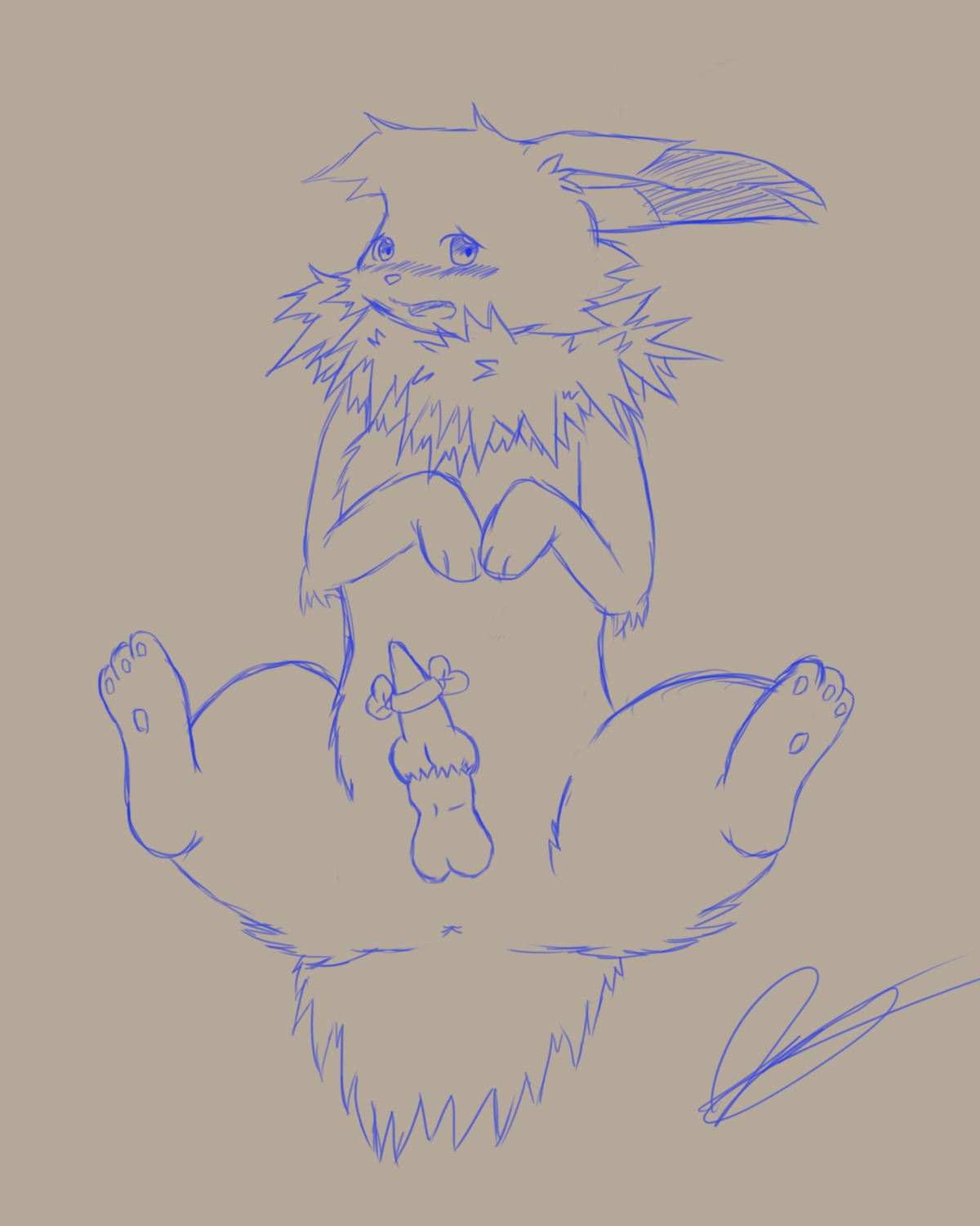 4:5 absurd_res balls blush butt canid canine e621 eeveelution erection feet feral fur generation_1_pokemon genitals hi_res hindpaw jolteon knot leon_ashford looking_at_viewer male mammal nintendo pawpads paws penis pokemon pokemon_(species) simple_background skyffan solo