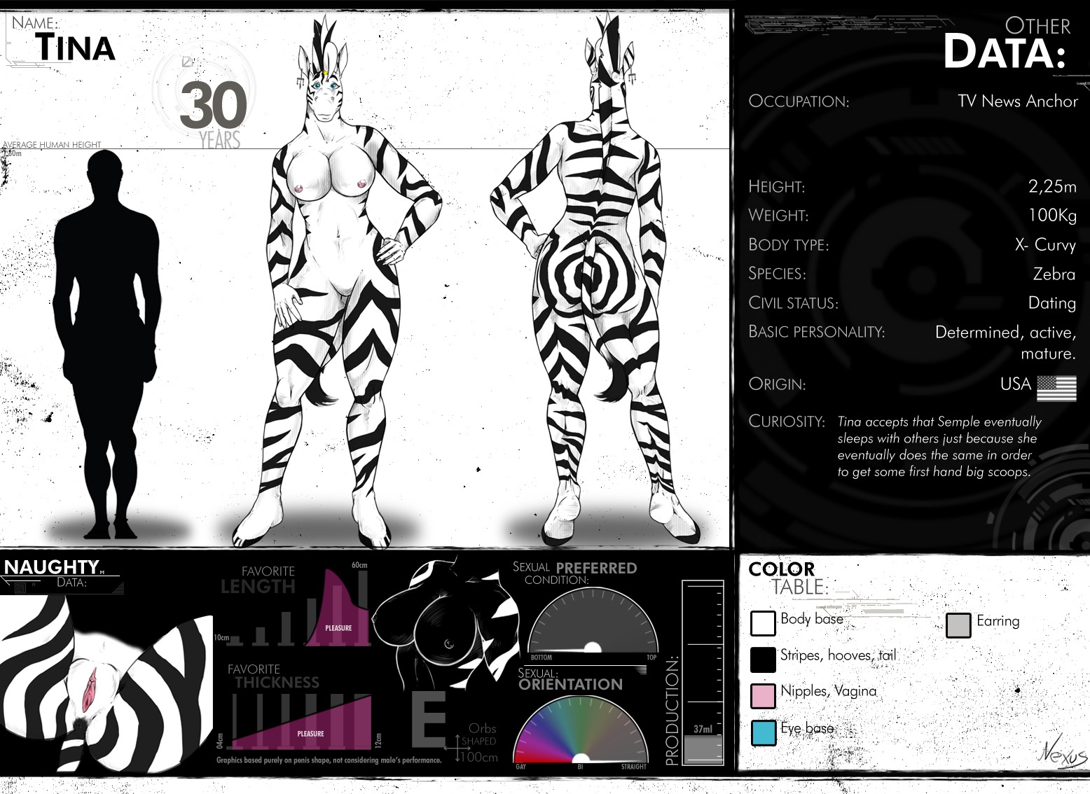2012 accessory anthro breasts chart e621 ear_piercing english_text equid equine female gauge_(measuring) genitals hair_accessory hairband mammal model_sheet nexus nipples nude piercing size_chart solo stripes tail tail_tuft text tina_(nexus) tuft vulva zebra zoorama_comics