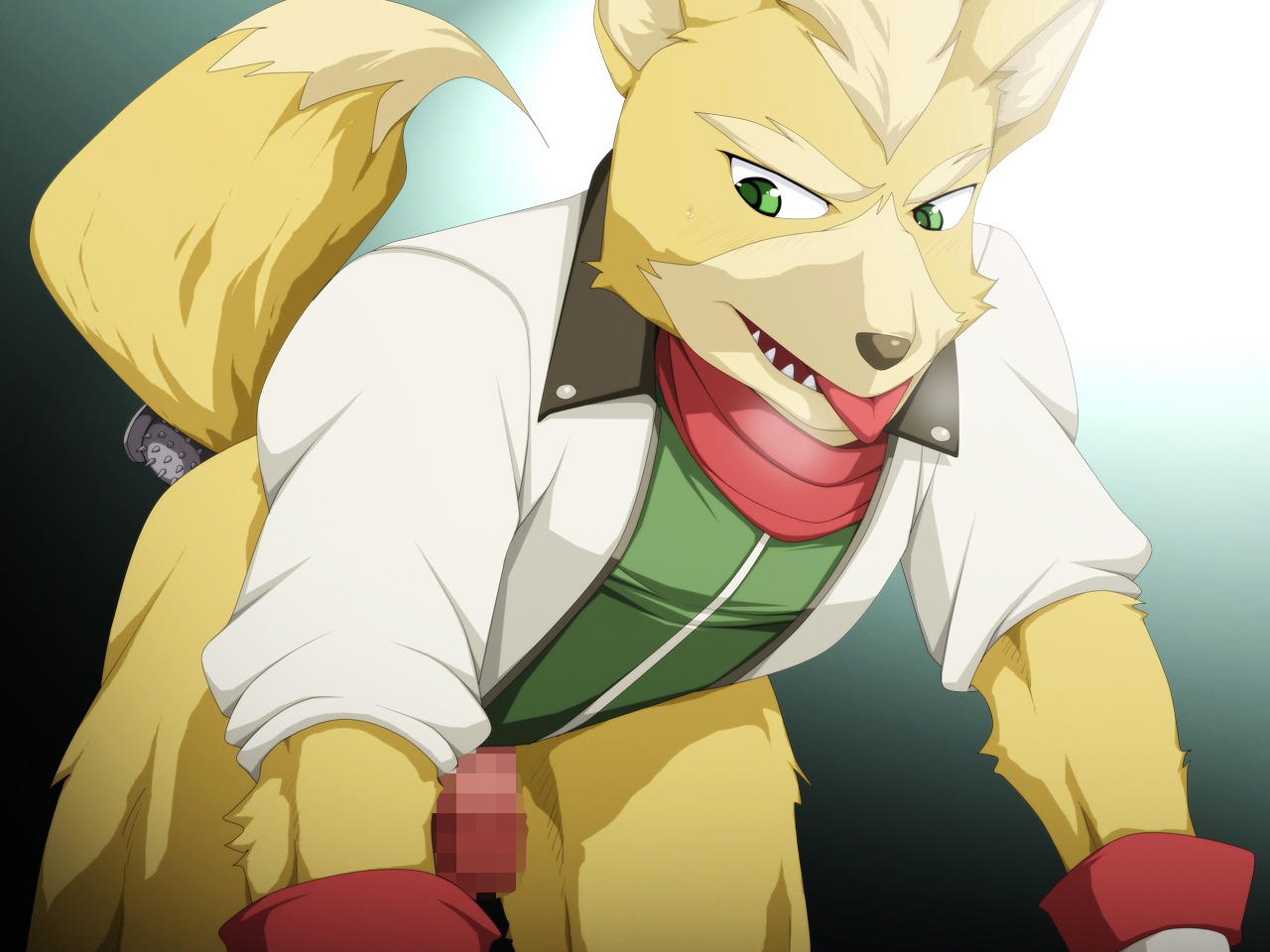 4:3 anthro canid canine censored clothing dildo e621 fox fox_mccloud genitals gloves green_eyes handwear jacket kemono male mammal mosaic_censorship nintendo penis sex_toy solo star_fox tongue tongue_out topwear unknown_artist