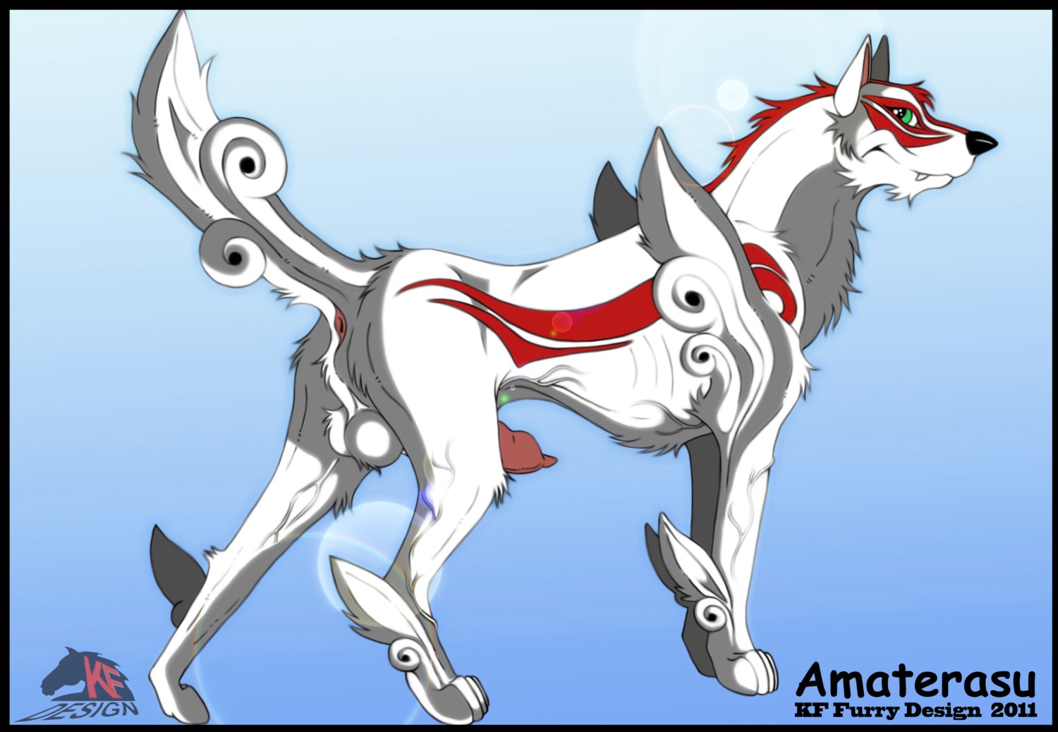 2011 abstract_background amaterasu_(okami) anus balls black_border border canid canine canis capcom clover_studio crossgender deity e621 erection feral ftm_crossgender fur genitals gradient_background green_eyes hi_res kf_furry_design lens_flare looking_at_viewer male mammal markings nude okami_(capcom) penis pose simple_background solo vein white_body white_fur wolf