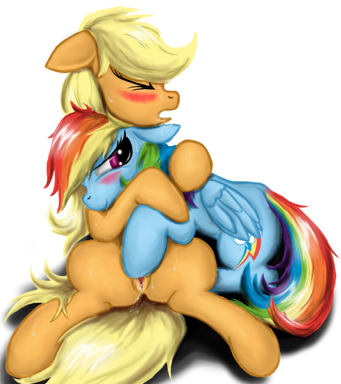 appledash applejack_(mlp) blonde_hair blue_body blue_feathers blue_fur blush bodily_fluids duo e621 earth_pony equid equine eyes_closed feathered_wings feathers female female/female feral fingering friendship_is_magic fur genitals hair half-closed_eyes hasbro hi_res horse hug intraspecies leyanor looking_back mammal multicolored_hair multicolored_tail my_little_pony mythological_creature mythological_equine mythology narrowed_eyes open_mouth pegasus petting pony rainbow_dash_(mlp) rainbow_hair rainbow_tail sex smile spread_legs spreading sweat tail vaginal vaginal_fingering vulva wings