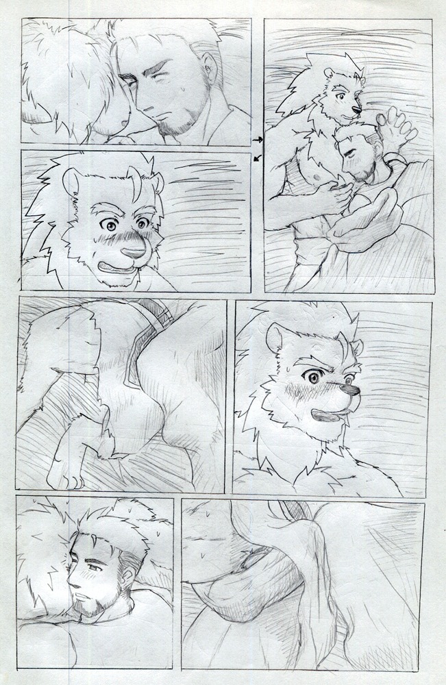 abs balls blaion blush comic duo e621 erection felid genitals human interspecies lion male male/male mammal monochrome multiple_scenes muscular pantherine penis