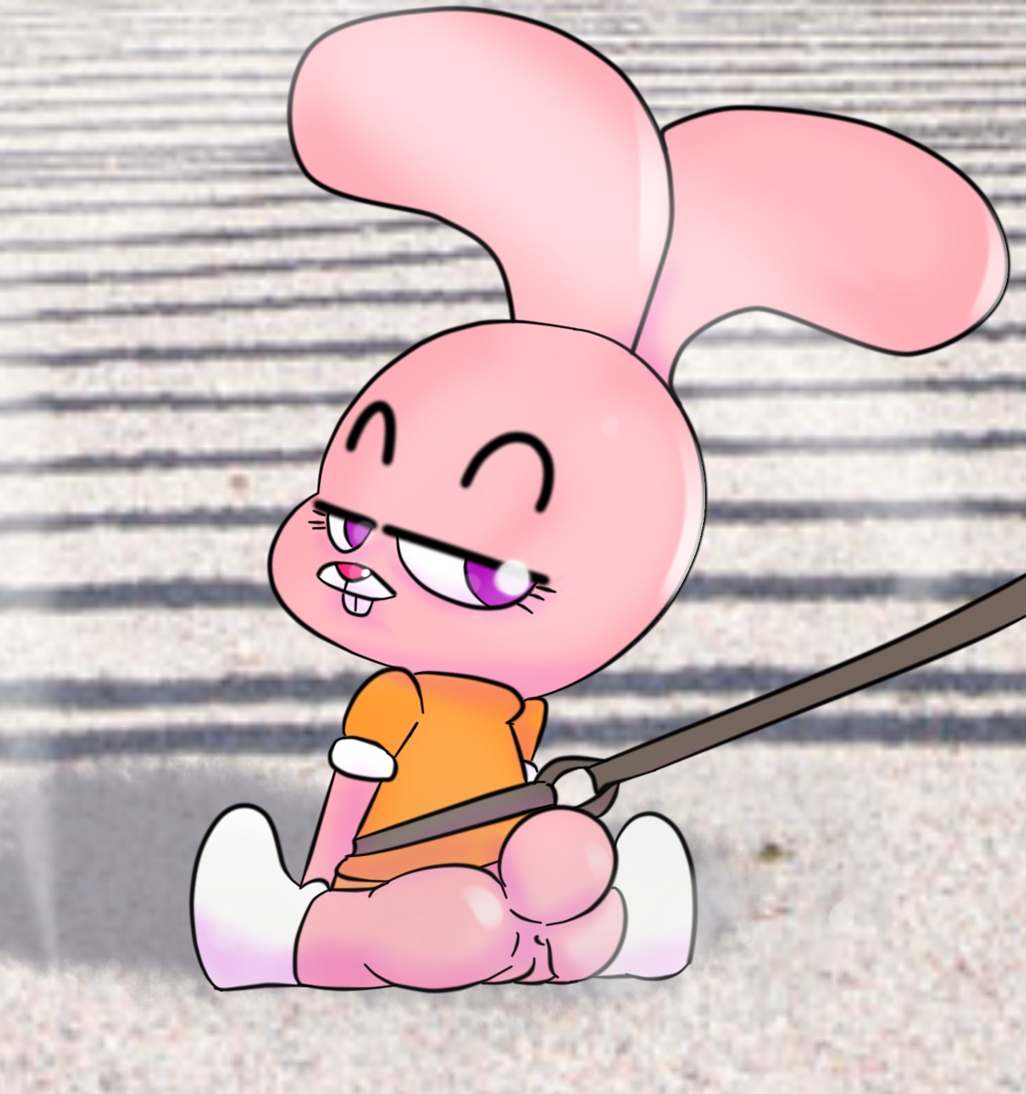 anais_watterson anthro anus biped bottomless buckteeth butt cartoon_network clothed clothing digital_media_(artwork) e621 female freeflyspecter fur genitals hi_res lagomorph leporid looking_at_viewer looking_back mammal on_model pink_body pink_fur purple_eyes rabbit sitting smile solo teeth the_amazing_world_of_gumball vulva young young_anthro