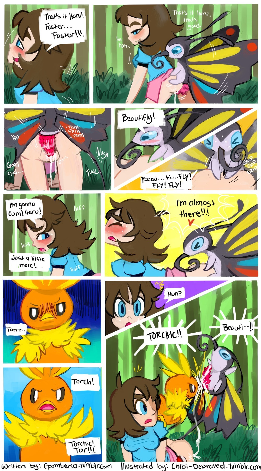 arthropod avian beautifly bestiality bird blue_eyes blush bodily_fluids brown_hair chibi-depraved comic cum cum_in_vagina cum_inside dialogue e621 english_text female feral generation_3_pokemon genital_fluids group hair hi_res human human_on_feral insect interspecies lepidopteran male mammal nintendo pokemon pokemon_(species) pokemon_speak pokephilia speech_bubble text torchic vaginal