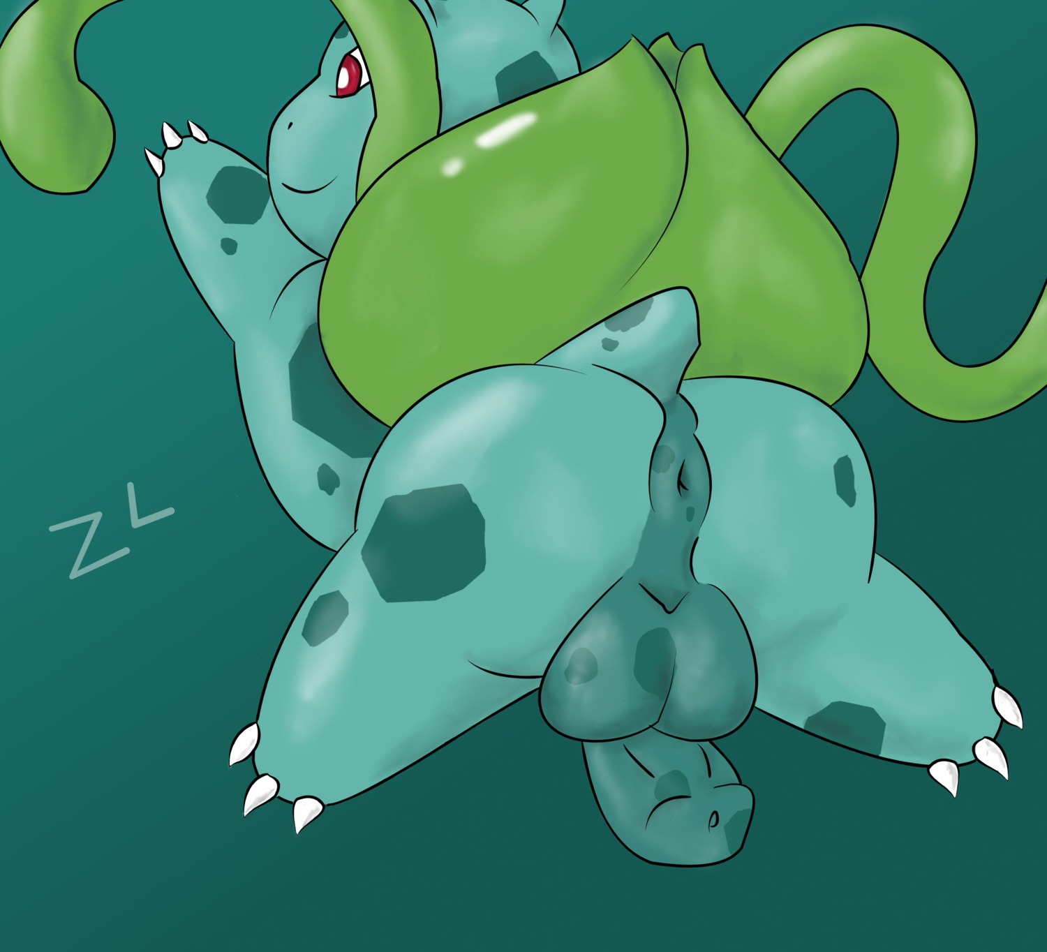 2012 absurd_res anus backsack balls bulbasaur butt digital_media_(artwork) e621 elemental_creature feral flora_fauna generation_1_pokemon genitals hi_res male nintendo non-mammal_balls penis plant pokemon pokemon_(species) red_eyes scalie solo zeklullaby