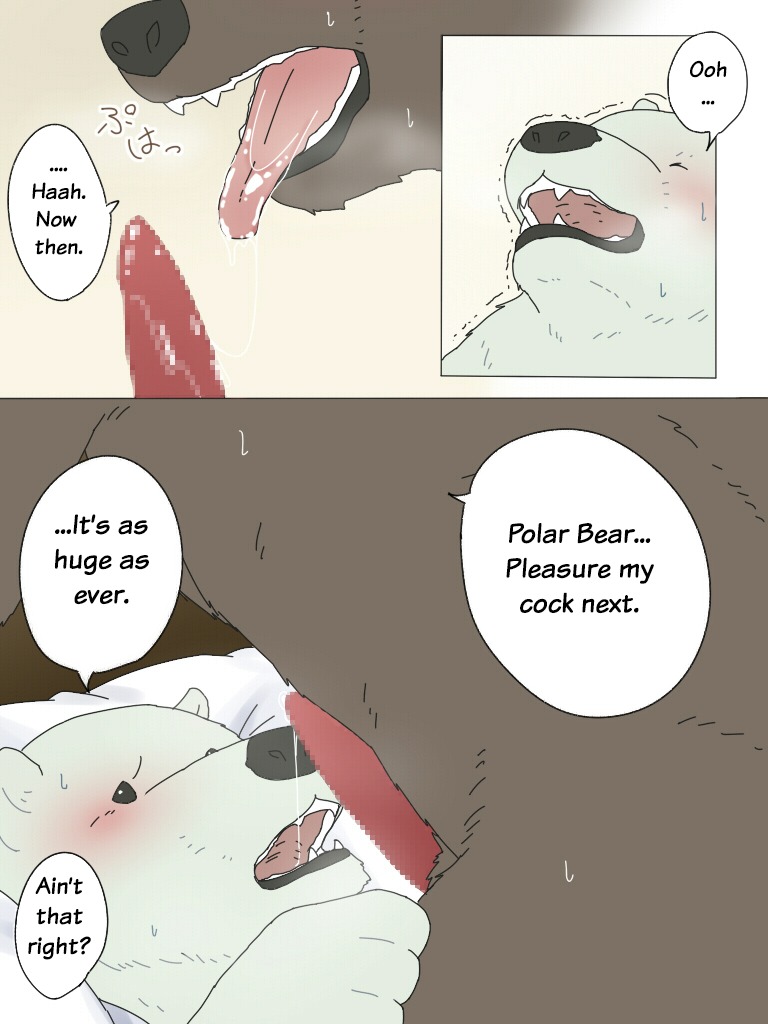 3:4 bear bed blush bodily_fluids brown_bear brown_body brown_fur censored comic dialogue drooling duo e621 english_text erection fur furniture genital_fluids genitals grizzly_(shirokuma_cafe) grizzly_bear intraspecies kumao male male/male mammal multiple_scenes nude okatana open_mouth penis polar_bear precum saliva shirokuma shirokuma_cafe submissive submissive_male teeth text tongue translated ursine