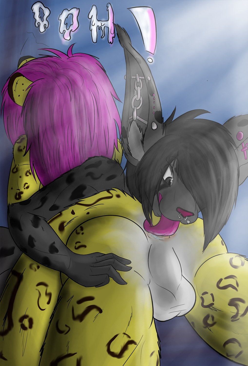 ambiguous_gender anal anthro anus backsack balls bieesha bodily_fluids butt cheetah digital_media_(artwork) domestic_cat duo e621 ear_piercing faceless_character faceless_male facial_piercing felid feline felis femboy genitals hair hand_on_another's_butt hand_on_butt hi_res hybrid lagomorph leporid licking lip_piercing lying makarimorph male male/ambiguous mammal nose_piercing on_front oral piercing pink_hair rabbit rimming saliva septum_piercing sex spread_legs spreading tongue tongue_out xandir