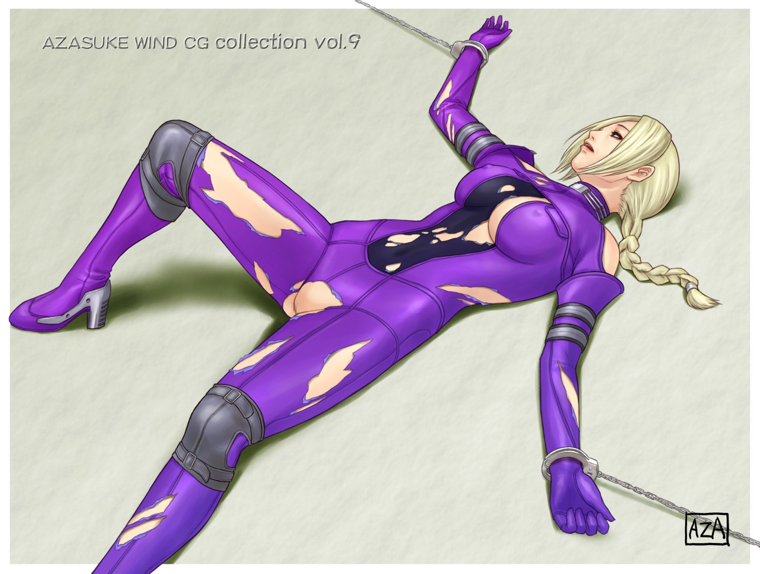 azasuke bare_shoulders blonde_hair blue_eyes bodysuit bondage bound_wrists braid breasts censored cuffs erect_nipples female handcuffs high_resolution leg_lift long_hair lying mosaic_censoring nina_williams nipples no_bra no_panties on_back ponytail pussy rule34 shaved_pussy skin_tight solo tekken tied_hair torn_clothes version_with_pubic_hair_available