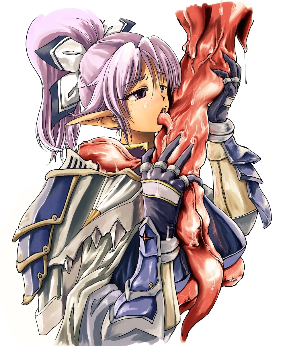 armor blush consensual_tentacles female gloves highres katatuki licking open_mouth purple_eyes purple_hair rule34 tentacle tongue