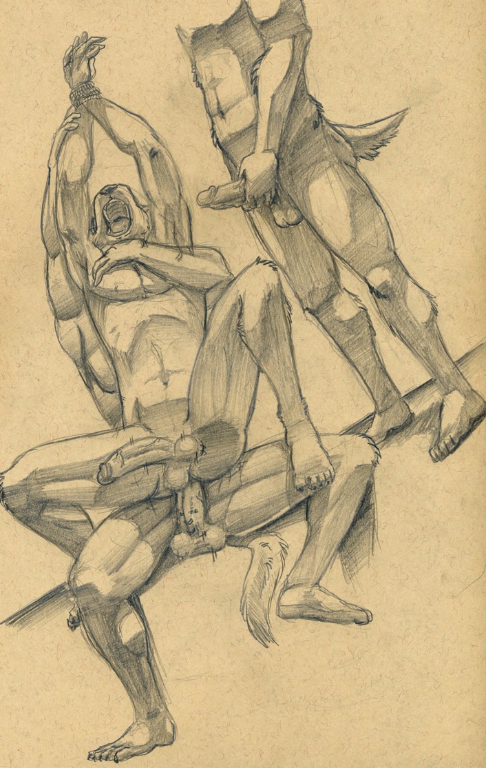 anal anal_penetration anthro athletic balls bound canid canine circumcised dominant dominant_male dutch_angle e621 erection faceless_character faceless_male forced from_behind_position genitals graphite_(artwork) group humanoid_genitalia humanoid_penis male male/male male_penetrated male_penetrating male_penetrating_male mammal masturbation monochrome nude open_mouth penetration penile penile_masturbation penis plantigrade rape sepia sex spread_legs spreading submissive submissive_male tail traditional_media_(artwork) tush_(artist) vein