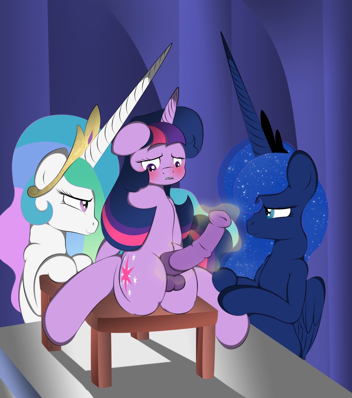 2013 absurd_res animal_genitalia animal_penis blue_body blue_eyes blue_feathers blue_hair blush crown cutie_mark e621 equid equine equine_genitalia equine_penis erection feathered_wings feathers female feral friendship_is_magic fur genitals group gynomorph hair hasbro headgear hi_res horn intersex kneeling mammal multicolored_hair my_little_pony mythological_creature mythological_equine mythology nude penis princess princess_celestia_(mlp) princess_luna_(mlp) purple_body purple_eyes purple_fur purple_hair royalty shadow twilight_sparkle_(mlp) two_tone_hair unicorn v-d-k winged_unicorn wings