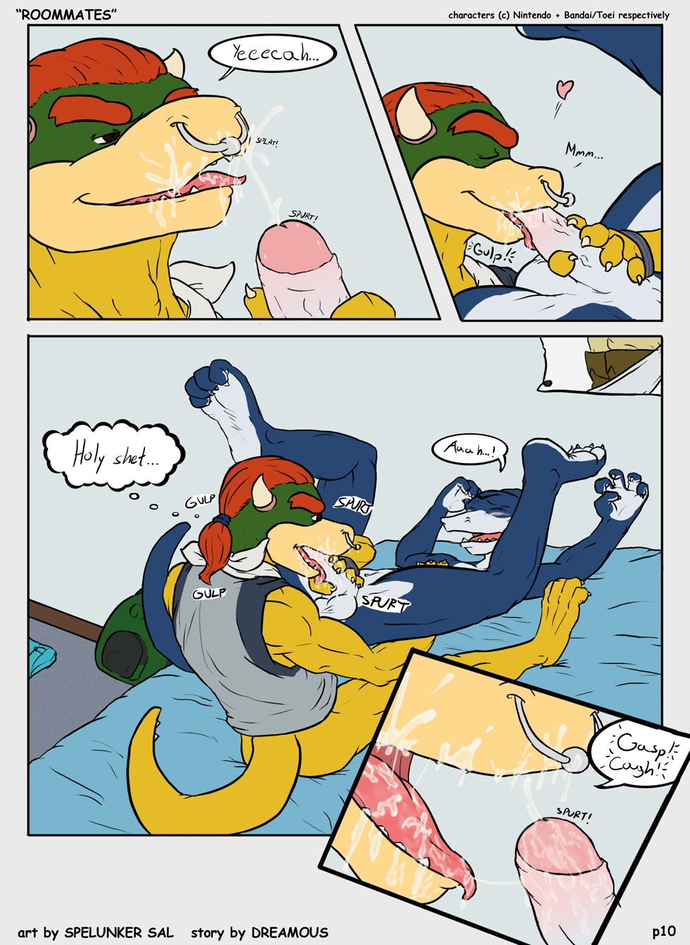 anthro anus balls bandai blush bowser_koopa_junior_(roommates) close-up comic couple cum cum_in_mouth cum_inside cumshot digimon dreamous_(writer) duo feet fellatio flamedramon furry furry_only gay giancarlo_rosato hi_res horn koopa male male/male male_only mario_(series) muscles nintendo nude oral oral_sex orgasm paws penis raised_tail roommates_(comic) rule34 scalie sex simple_background spelunker_sal straight_hair tail yaoi