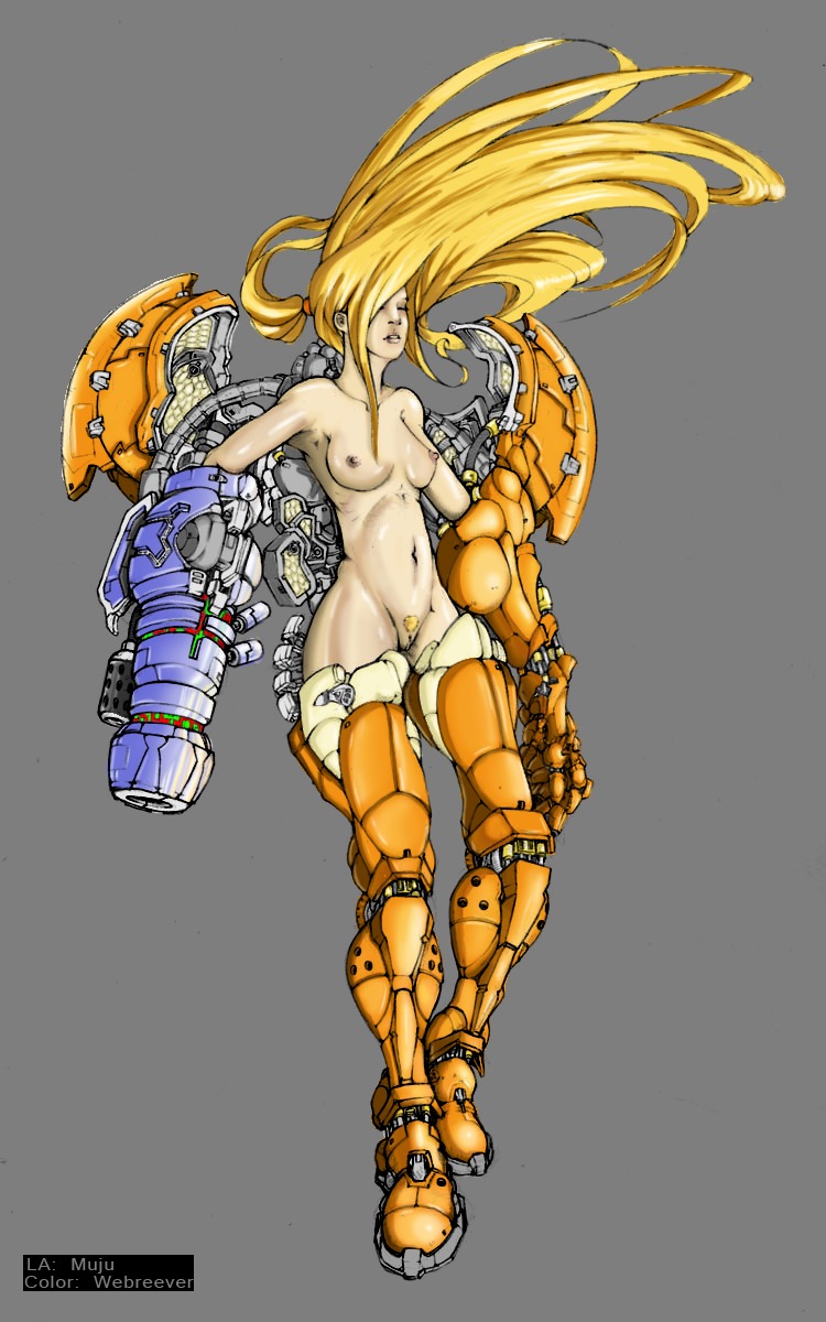 arm_cannon armed armor blonde_hair breasts closed_eyes female female_only highres human long_hair metroid muju navel nintendo nipples nude ponytail power_suit pubic_hair pussy rule34 samus_aran solo tied_hair undressing varia_suit weapon