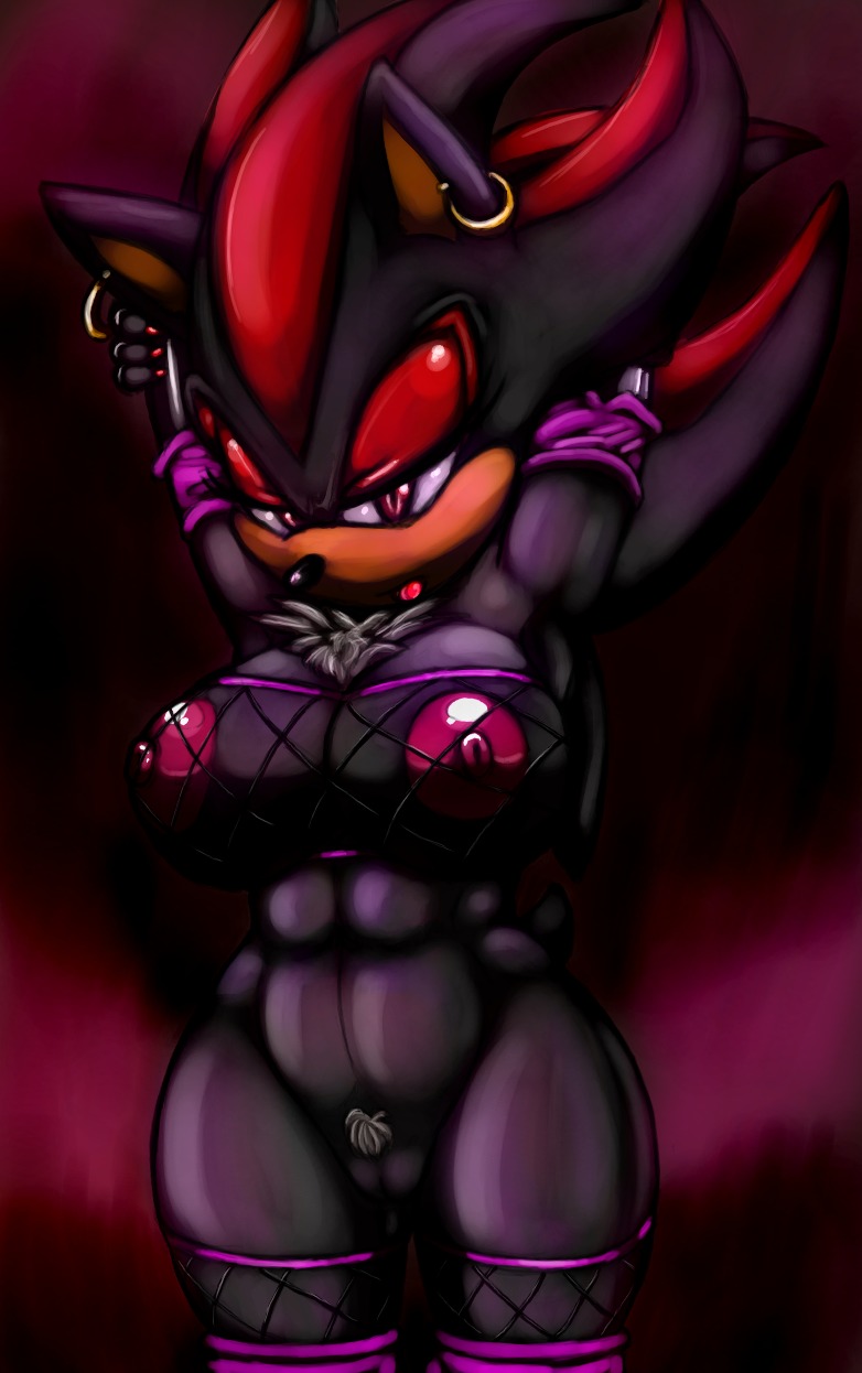abs anthro black_body black_fur breasts chest_tuft clothing crossgender e621 ear_piercing eulipotyphlan female fishnet_clothing fishnet_legwear fur genitals hedgehog hi_res legwear mammal mtf_crossgender multicolored_body multicolored_fur nipples nude piercing pose pubes sega shadow_the_hedgehog solo sonic_the_hedgehog_(series) thecon tuft two_tone_body two_tone_fur vulva