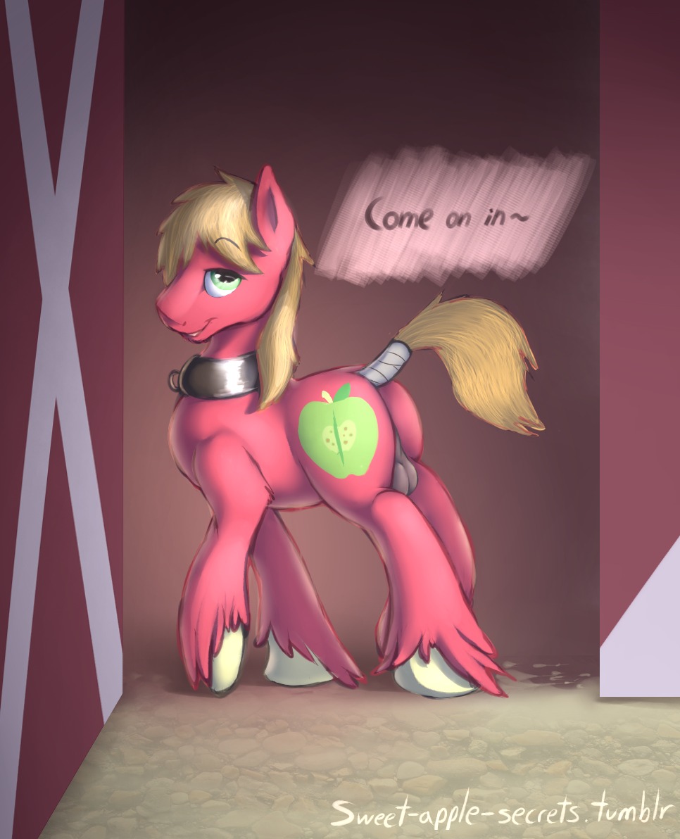 backsack balls big_macintosh_(mlp) braeburned butt collar cutie_mark dialogue digital_media_(artwork) e621 earth_pony english_text equid equine feral friendship_is_magic fur genitals green_eyes hair hasbro horse looking_at_viewer male mammal my_little_pony orange_hair pony presenting red_body red_fur shaded solo tail tail_wraps text wraps