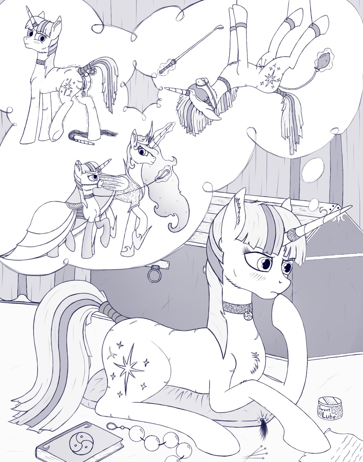2013 anal anal_beads anal_penetration anus ball_gag bandage bdsm blindfold blush bondage bound candle clitoris clitoris_piercing collar cutie_mark dildo duo e621 english_text equid equine feathered_wings feathers female feral friendship_is_magic fur gag gagged genital_piercing genitals hair hasbro hi_res horn inflatable_buttplug inflatable_toy leash lube magic_inhibitor mammal monochrome multicolored_hair my_little_pony mythological_creature mythological_equine mythology patapony13 penetration piercing pink_hair princess_celestia_(mlp) purple_body purple_eyes purple_fur scar sex_toy smile suspension tail tail_wraps text twilight_sparkle_(mlp) unicorn vulva vulva_piercing winged_unicorn wings wraps