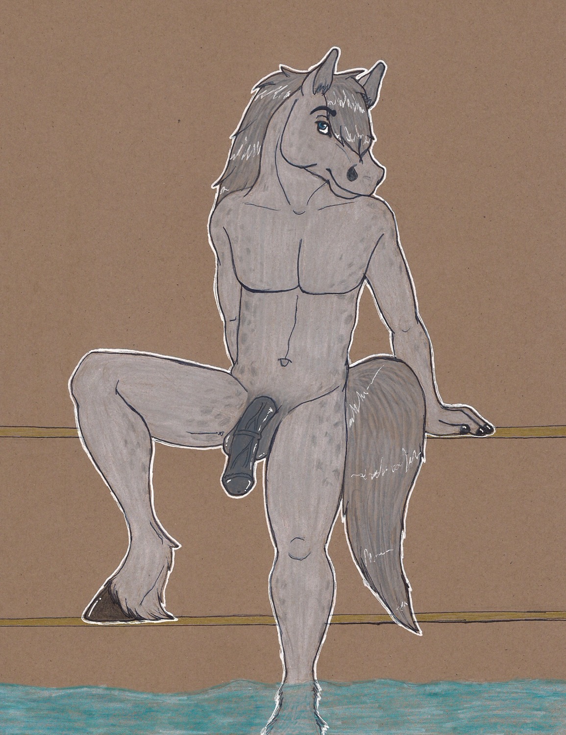 animal_genitalia animal_penis anthro balls biped black_penis blue_eyes dappled_fur e621 equid equine equine_genitalia equine_penis flaccid flared_penis fur genitals grey_body grey_fur grey_hair hair hi_res hooves horse jupiter_fox looking_at_viewer male mammal navel penis pose sitting solo traditional_media_(artwork) water