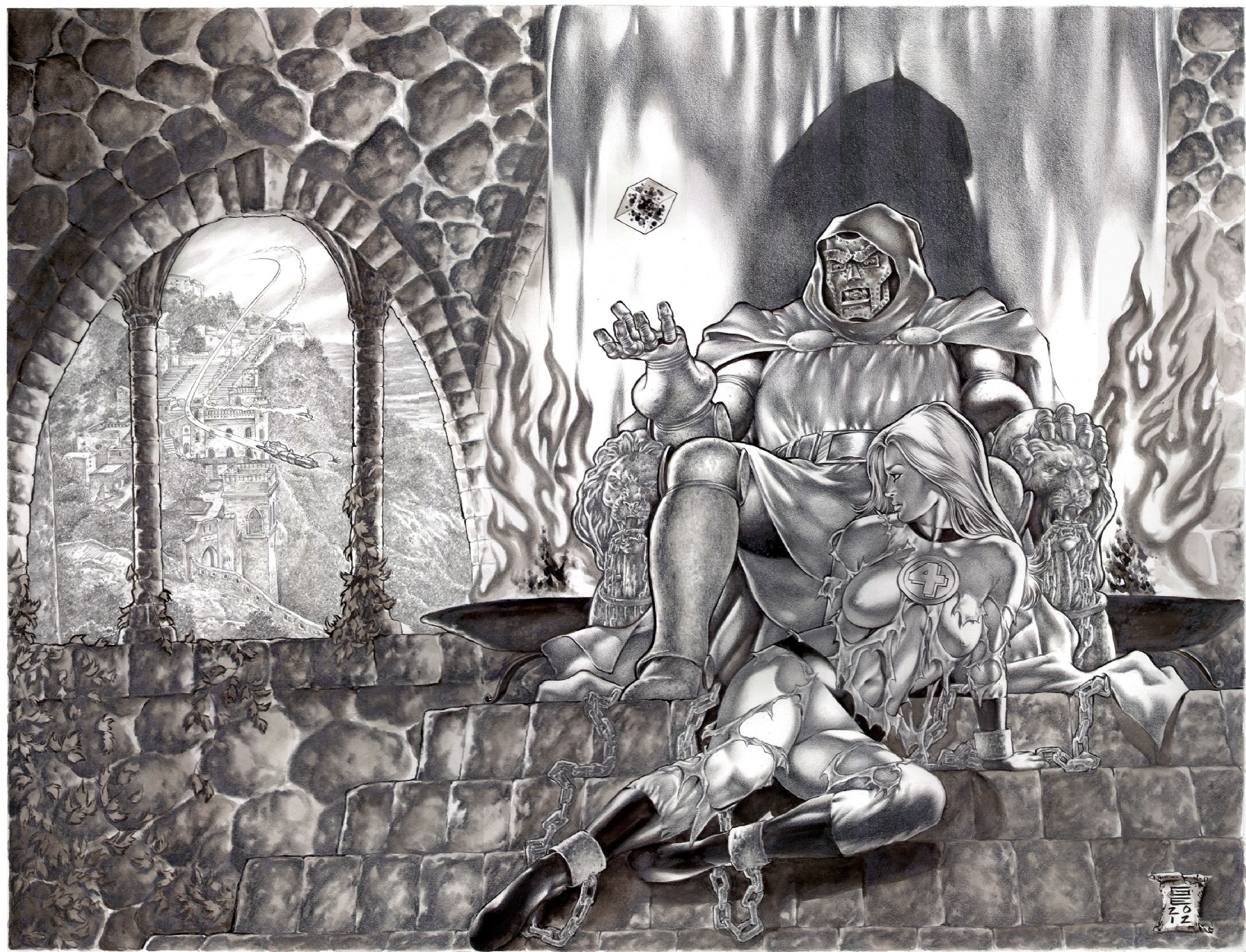 1boy 1girls 2012 ben_grimm chains doctor_doom fantastic_four female gene_espy human_torch invisible_woman johnny_storm light-skinned_female light_skin male marvel marvel_comics monochrome mr_fantastic reed_richards rule34 slave_girl straight sue_storm the_thing_(marvel) throne torn torn_clothes victor_von_doom