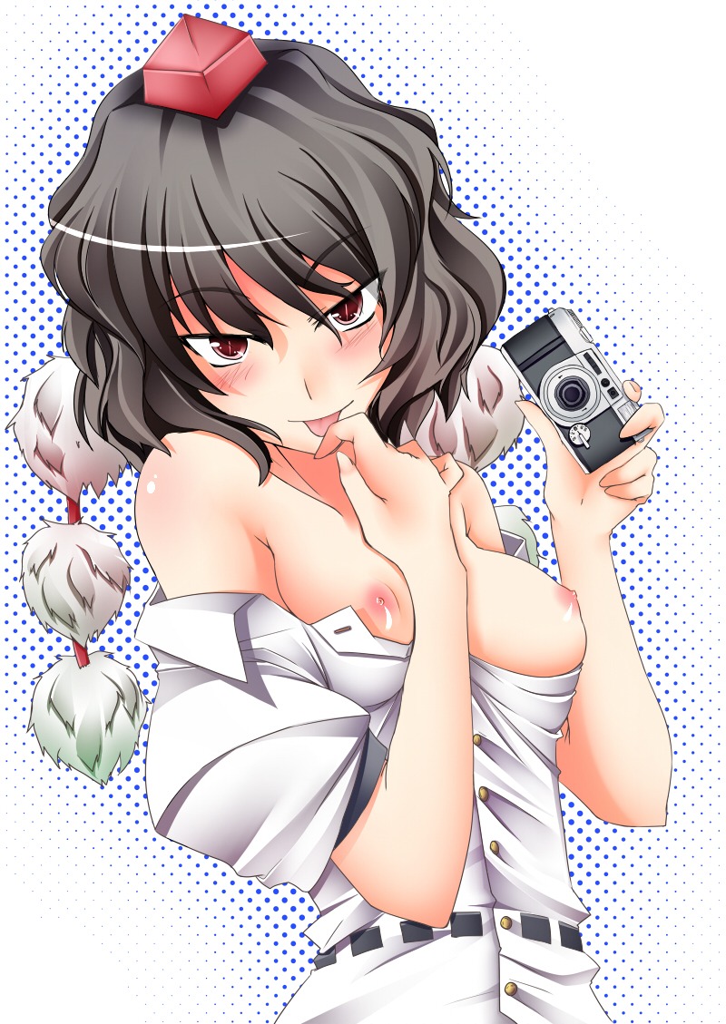 1girls :p bare_shoulders black_hair blush breasts camera female geta hat kantenziu naughty_face nipples open_clothes open_shirt red_eyes rule34 shameimaru_aya shirt short_hair solo tokin_hat tongue touhou
