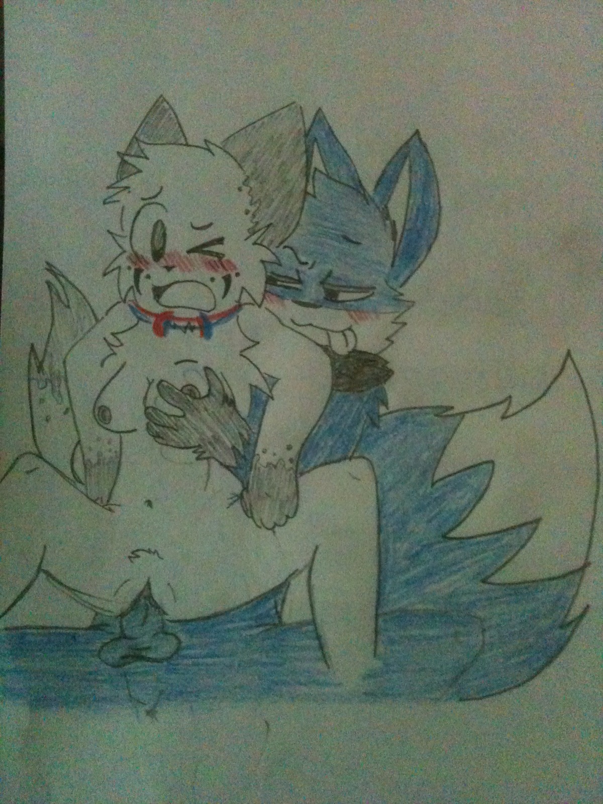 3:4 anthro balls blue_body blue_fur blush breasts canid canine duo e621 erection female forced fox fur genitals gloves_(marking) grin heart_symbol hi_res humanoid_genitalia humanoid_penis male male/female mammal markings nude penis rape rape_face scarf sex smile unknown_artist vulva