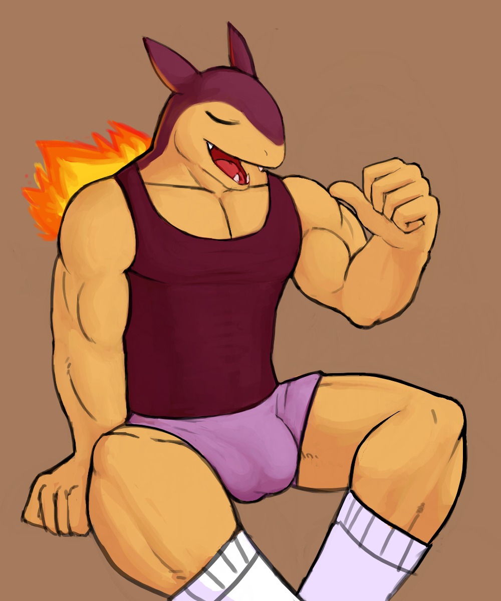 5:6 anthro anthrofied arm_support biceps biped boxers_(clothing) brown_background bulge clothing detailed_bulge e621 eyes_closed fire footwear fur generation_2_pokemon genital_outline gesture hairless hand_gesture hi_res hicanyoumooforme legwear male mammal muscular muscular_anthro muscular_male mustelid nintendo open_mouth pecs penis_outline pointing pointing_at_self pokemon pokemon_(species) pokemorph shiny_pokemon shirt simple_background sitting socks solo tank_top tight_clothing topwear typhlosion underwear yellow_body yellow_fur
