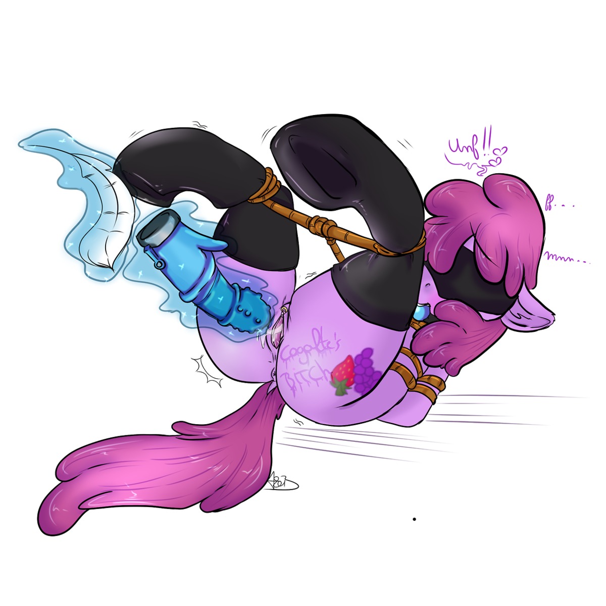 1:1 2013 anus ball_gag bdsm berry_punch_(mlp) blindfold body_writing bondage bound clothing cutie_mark digital_media_(artwork) dildo e621 earth_pony equid equine feathers female friendship_is_magic fur gag gagged gaping gaping_vagina geeflakes genitals hasbro heart_symbol hi_res horse legwear lying magic mammal masturbation my_little_pony on_back penetration pony purple_body purple_eyes purple_fur restraints rope rope_bondage sex_toy solo stockings submissive submissive_female toying_self vaginal vaginal_masturbation vulva writing_on_butt