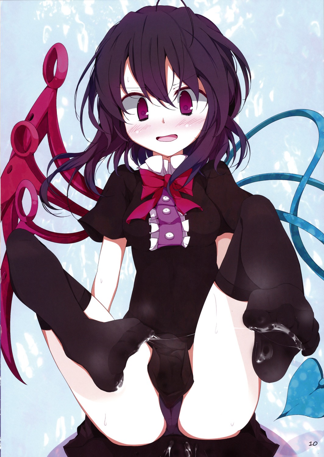 black_hair black_panties blush breasts cum cum_on_body cum_on_lower_body cum_string feet female highres legs nue_houjuu page_10 page_number panchira panchira_(sitting) panties pantyshot pantyshot_(sitting) pantyshot_sitting pov_feet purple_eyes rule34 scan short_hair sitting solo thighhighs touhou underwear usotsukiya wings