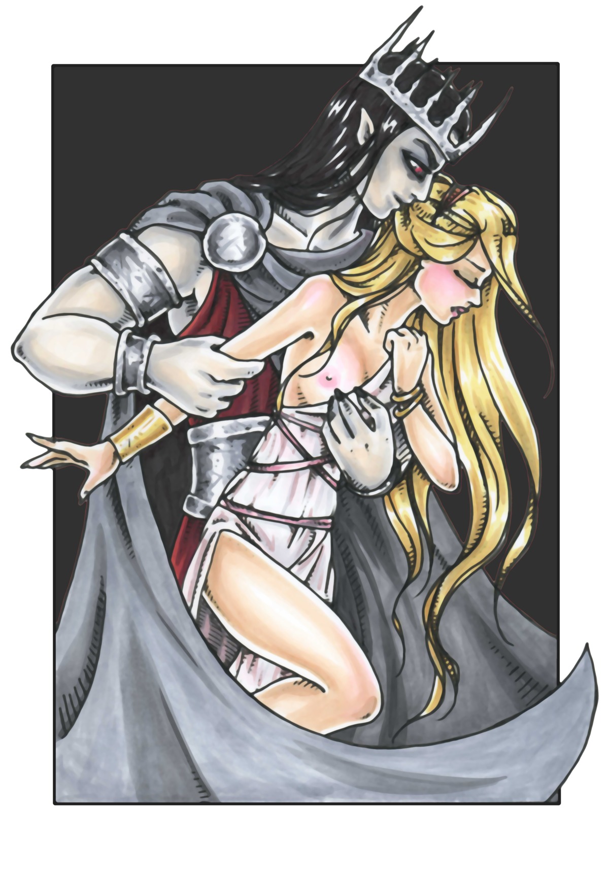 areolae black_hair blonde_hair breasts closed_eyes crown deity female goddess greek_mythology hades_(mythology) mythology nipples odins-girl one_breast_out persades persephone persephone_(greek_mythology) rule34