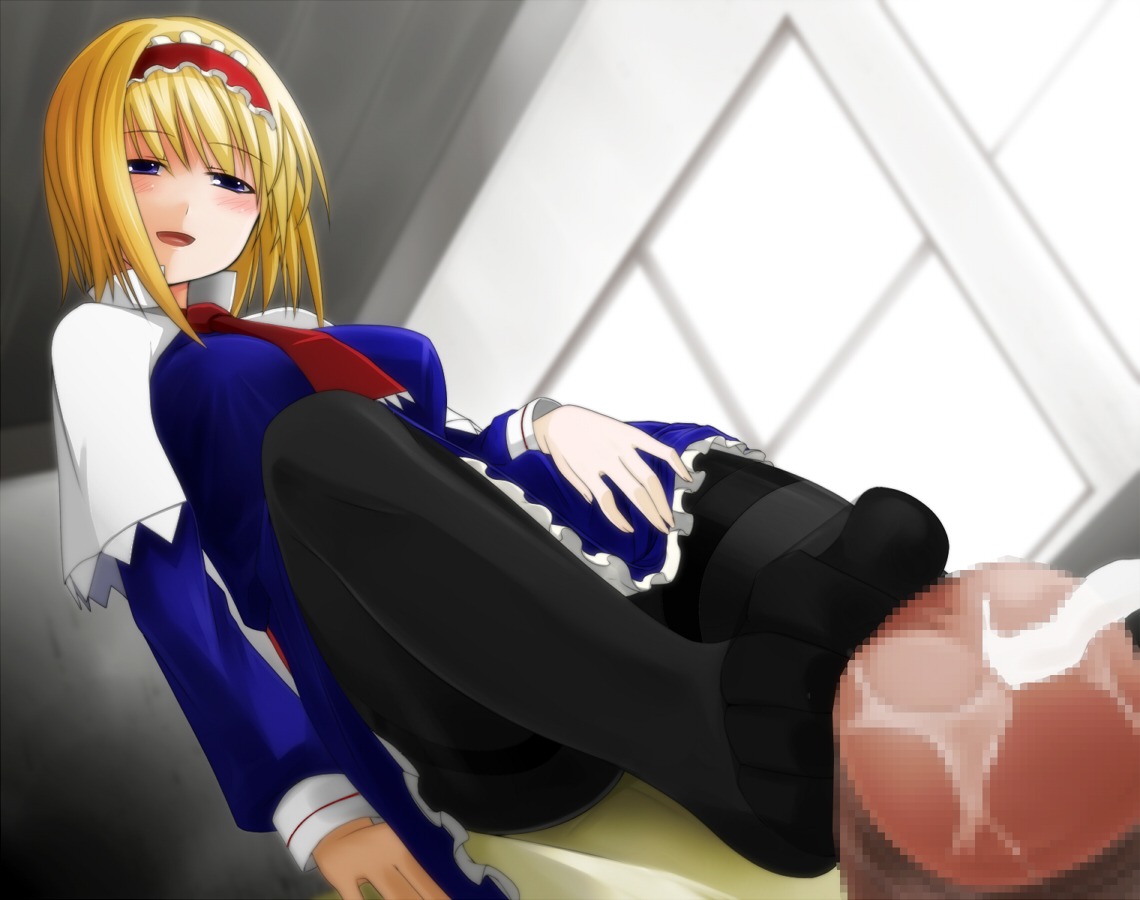 alice_margatroid blonde_hair blue_eyes censored chulain clothed_female clothed_female_nude_male cum cumshot ejaculation feet female femdom footjob footjob_with_legwear hairband male pantyhose penis rule34 short_hair solo standing standing_footjob touhou