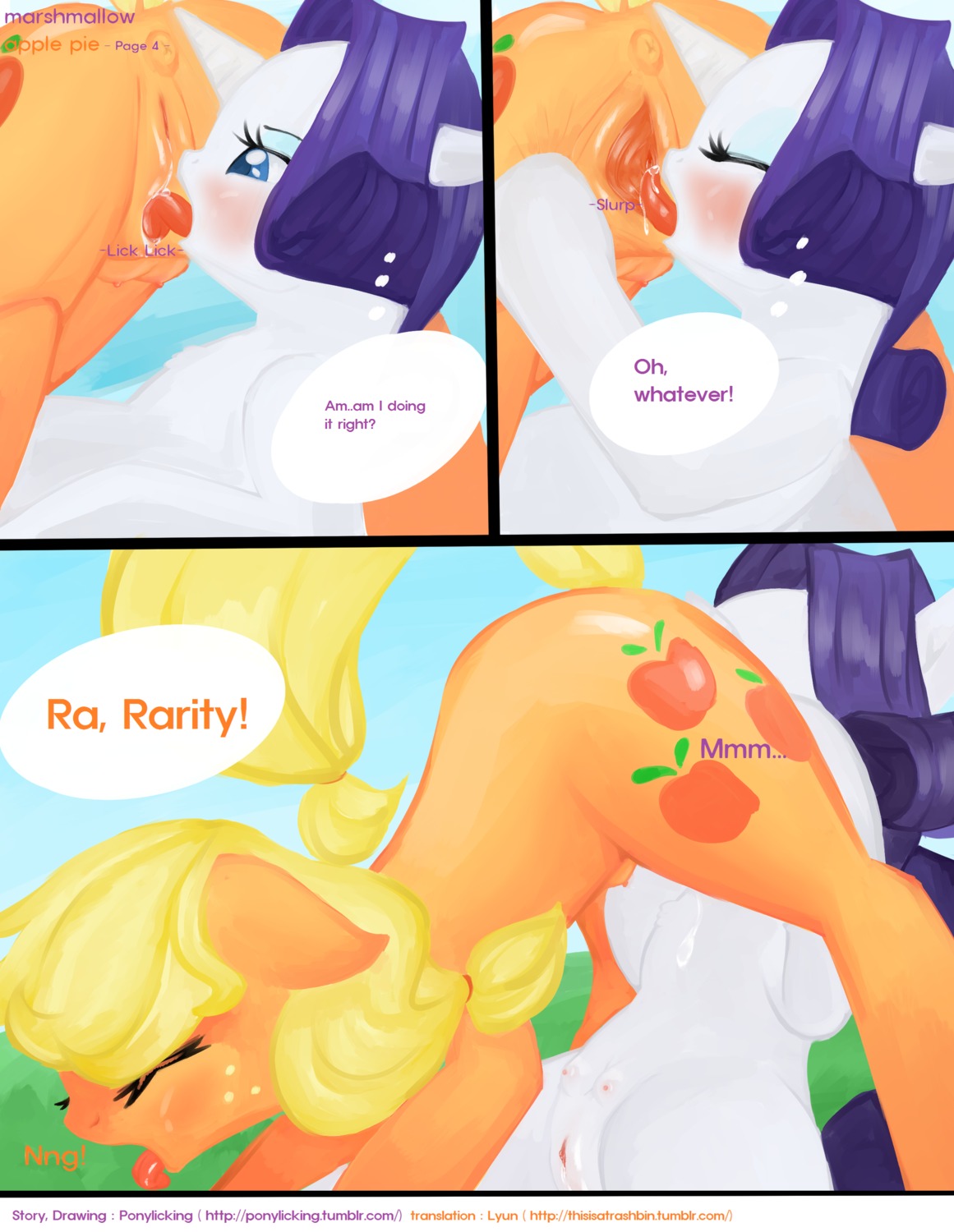 2012 69_position absurd_res anus applejack_(mlp) blonde_hair blue_eyes blush comic cunnilingus cutie_mark dialogue duo e621 earth_pony english_text equid equine eyes_closed female female/female feral freckles friendship_is_magic genitals hair hasbro hi_res horn horse licking lying mammal my_little_pony mythological_creature mythological_equine mythology on_back open_mouth oral outside pony ponylicking rarity_(mlp) sex spread_vulva spreading tail teats text tongue tongue_out unicorn url vaginal vulva wet
