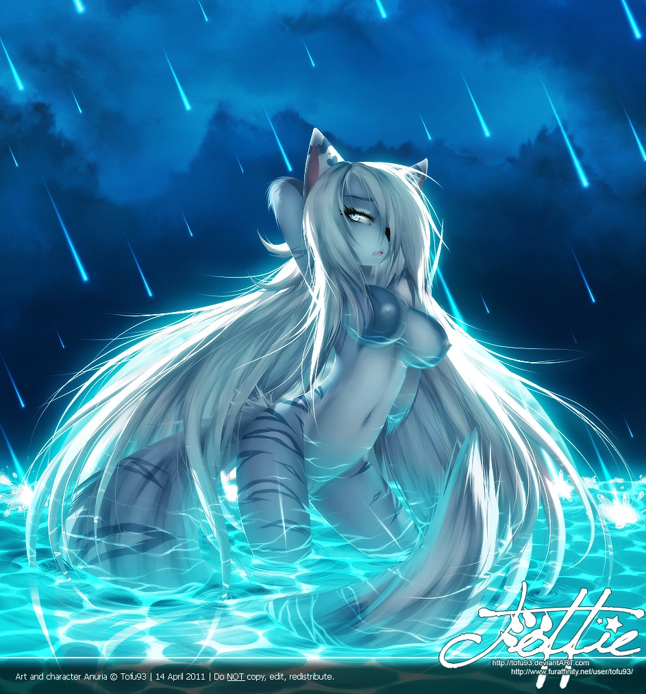 1girls animal_ears anthro big_breasts breasts dark_sky feline female female_only fur furry hair_over_one_eye nude on_knees outside rule34 shooting_star solo stripes tagme tofu93 very_long_hair water wet white_hair