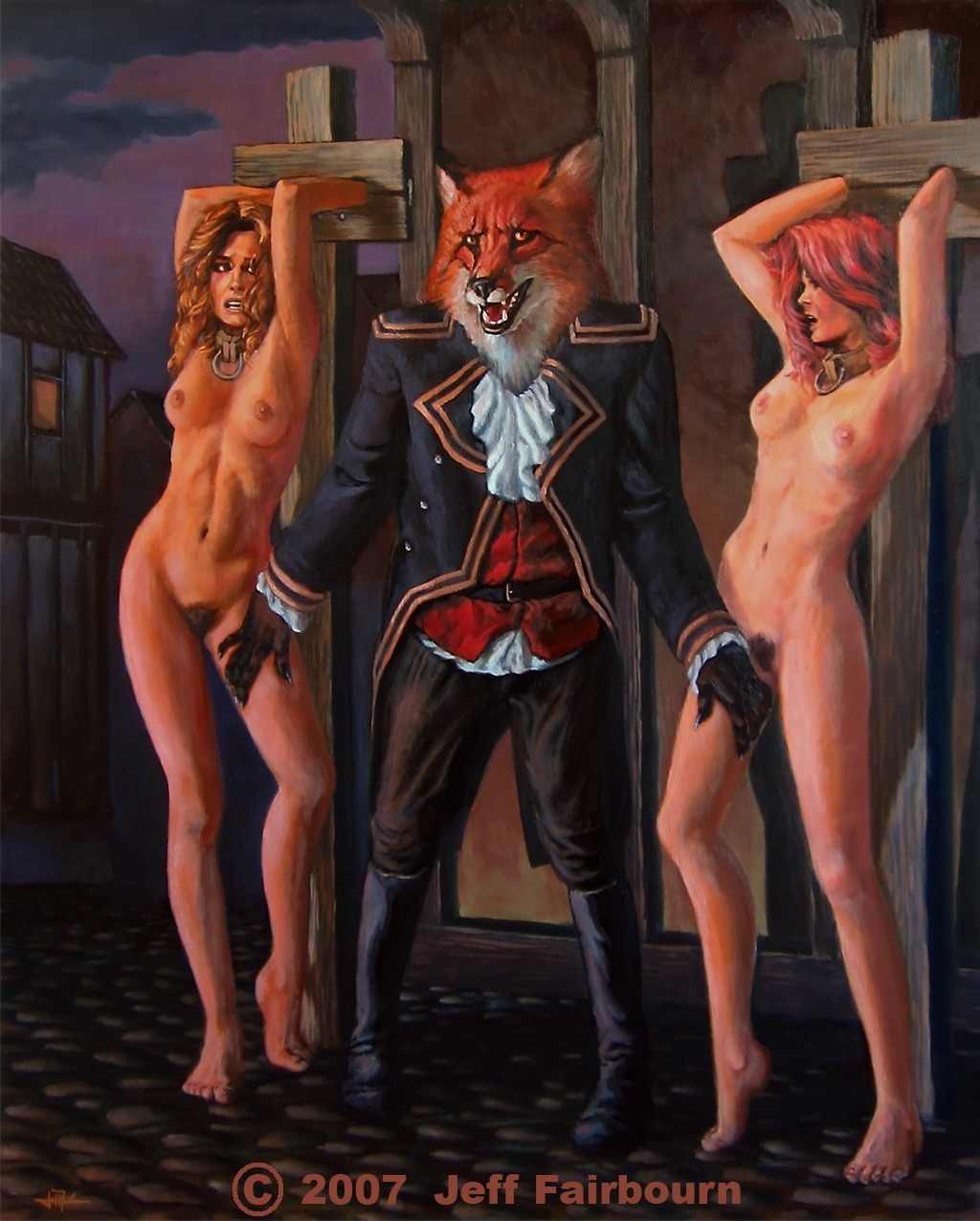 2007 anthro artist_name breasts canid canine collar e621 female fox group hi_res human jeff_fairbourn male mammal nipples restraints stocks text