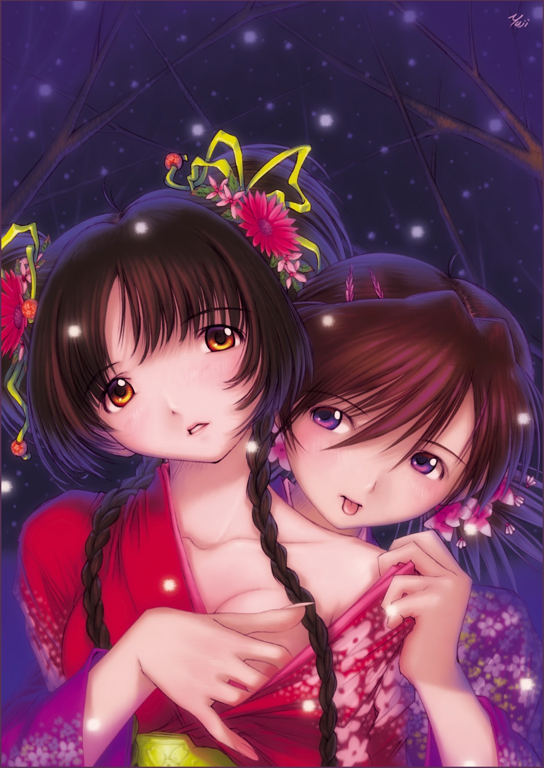 2girls breast_grab breasts female highres japanese_clothes kimono kobayashi_yuji kobayashi_yuuji multiple_females multiple_girls rule34 tongue yukata yuri