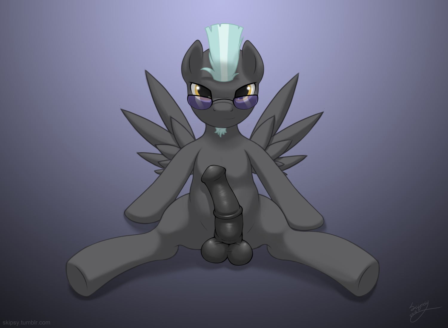 balls black_body black_feathers e621 equid equine erection eyewear feathered_wings feathers feral friendship_is_magic genitals hasbro hi_res looking_at_viewer male mammal my_little_pony mythological_creature mythological_equine mythology nude pegasus penis presenting skipsy solo spread_legs spreading sunglasses thunderlane_(mlp) wings