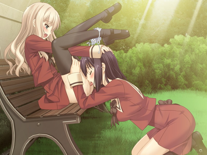 2girls ass bench blush bottomless cunnilingus female female_only game_cg hand_on_head human kawamura_reo kneeling mary_janes multiple_females multiple_girls no_panties oral outdoors outside panties panties_around_leg panties_around_one_leg peko rule34 sawaguchi_mai school_uniform shoes side-tie_panties skirt_lift sono_hanabira_ni_kuchizuke_wo thighhighs underwear uniform yuri