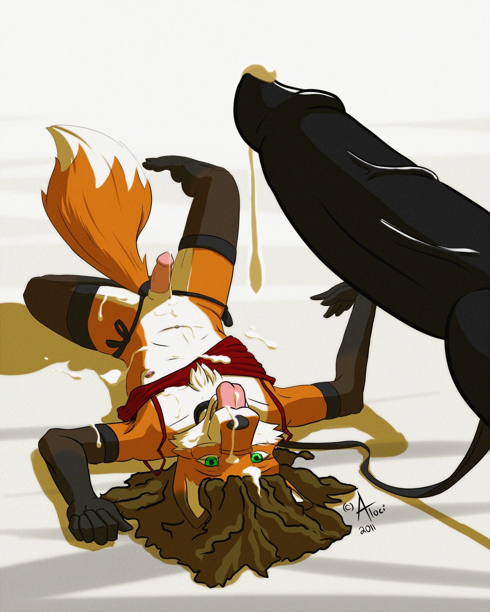 2011 4:5 aloci anthro bodily_fluids canid canine cecil_(aloci) clothed clothing collar crossdressing cum duo e621 erection eyewear femboy fox genital_fluids genitals glasses hi_res knot legwear male male/male mammal panties penis stockings tail underwear