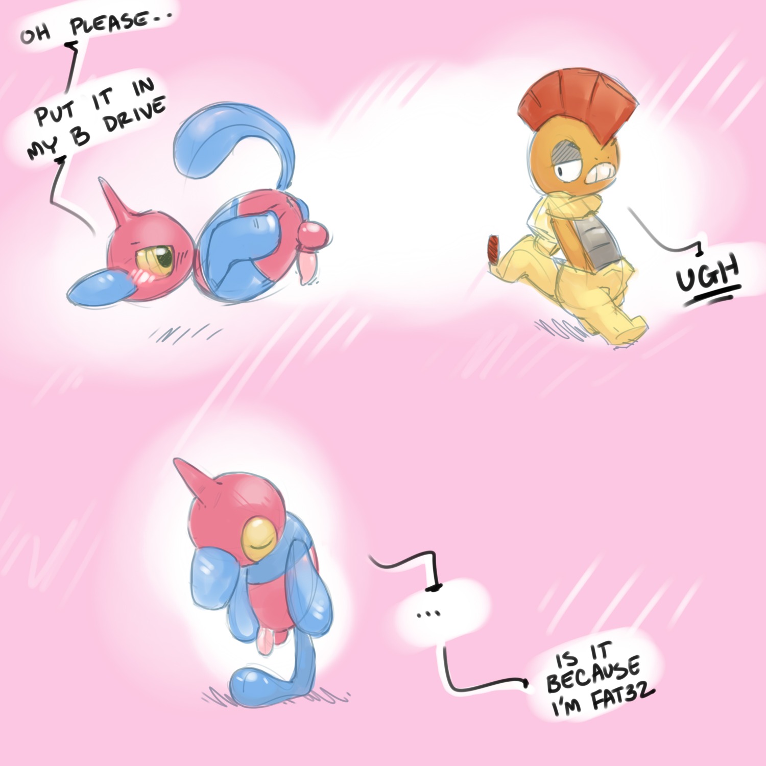 1:1 absurd_res anthro argon_vile artificial_intelligence balls blush dialogue digital_creature duo e621 english_text erection generation_4_pokemon generation_5_pokemon genitals hi_res humor lol_comments machine male male/male multiple_images nintendo penis pokemon pokemon_(species) porygon-z presenting robot scrafty text
