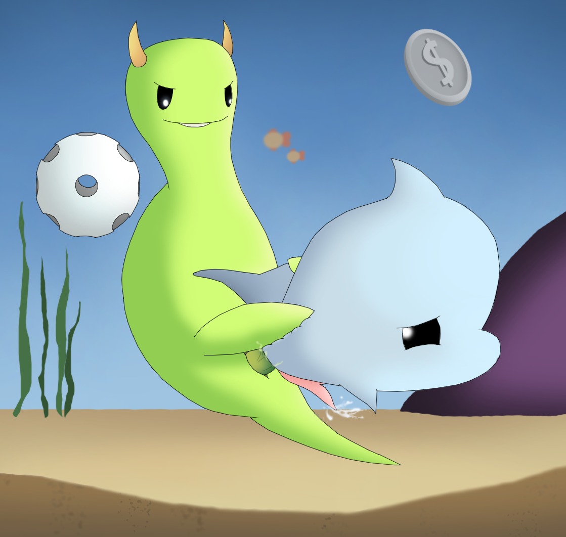 >:) 2boys ambiguous_penetration animal_genitalia ball_(object) blip_the_porpoise coin cum cum_inside fin fish green_skin horns insaniquarium male popcap_games porpoise rule34 sand stanley_the_sea_serpent underwater white_skin