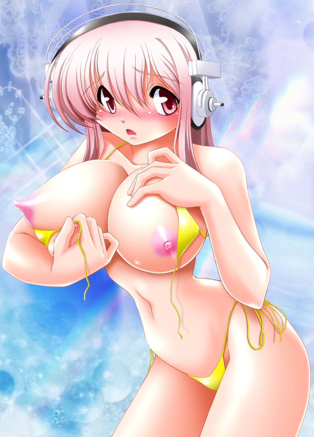 1girls bikini blush breasts erect_nipples female headphones highres large_breasts nipples nitroplus open_mouth pink_hair red_eyes rule34 solo super_sonico usso wardrobe_malfunction